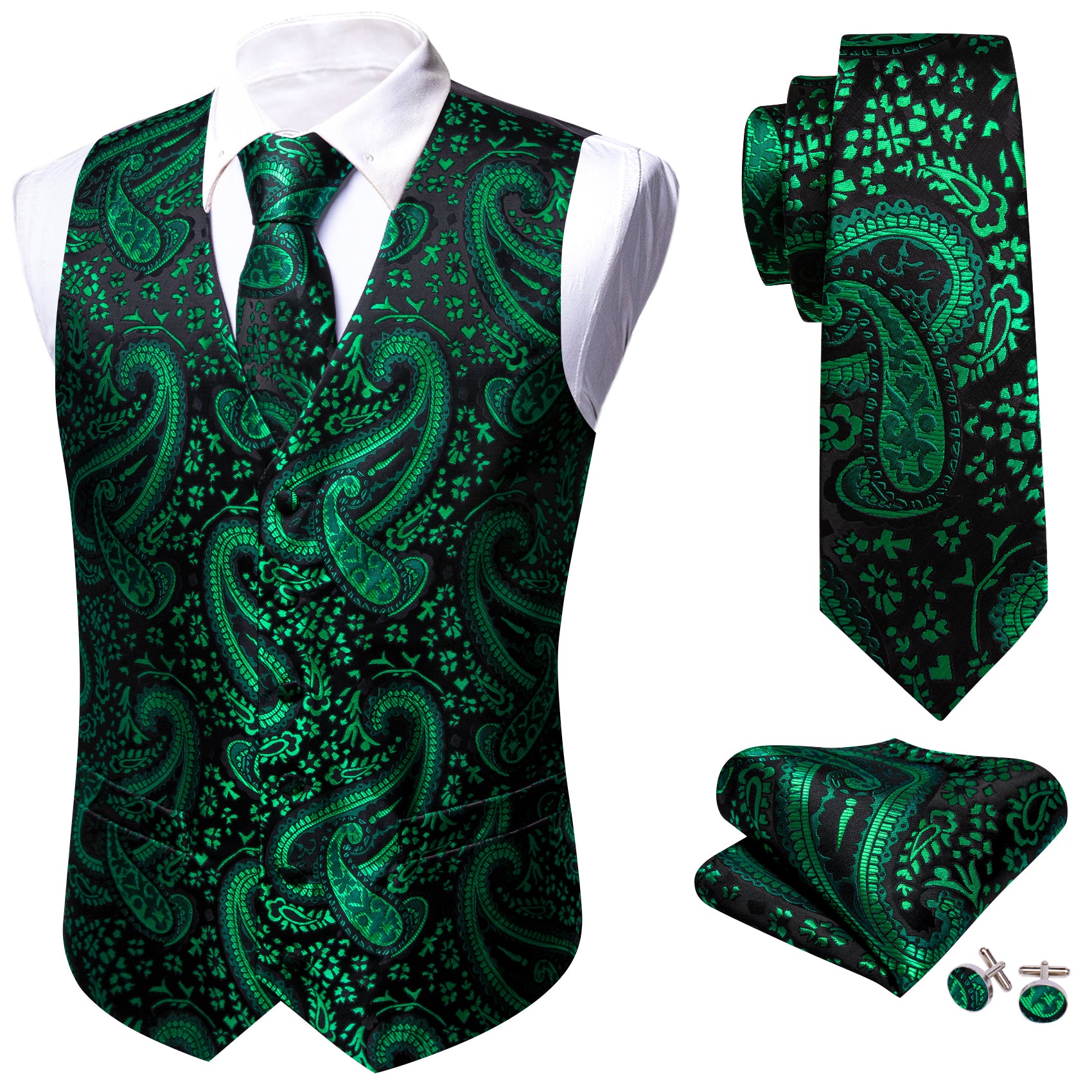 Men's Black Green Silk Tie Waistcoat Vest Hanky Cufflinks Set