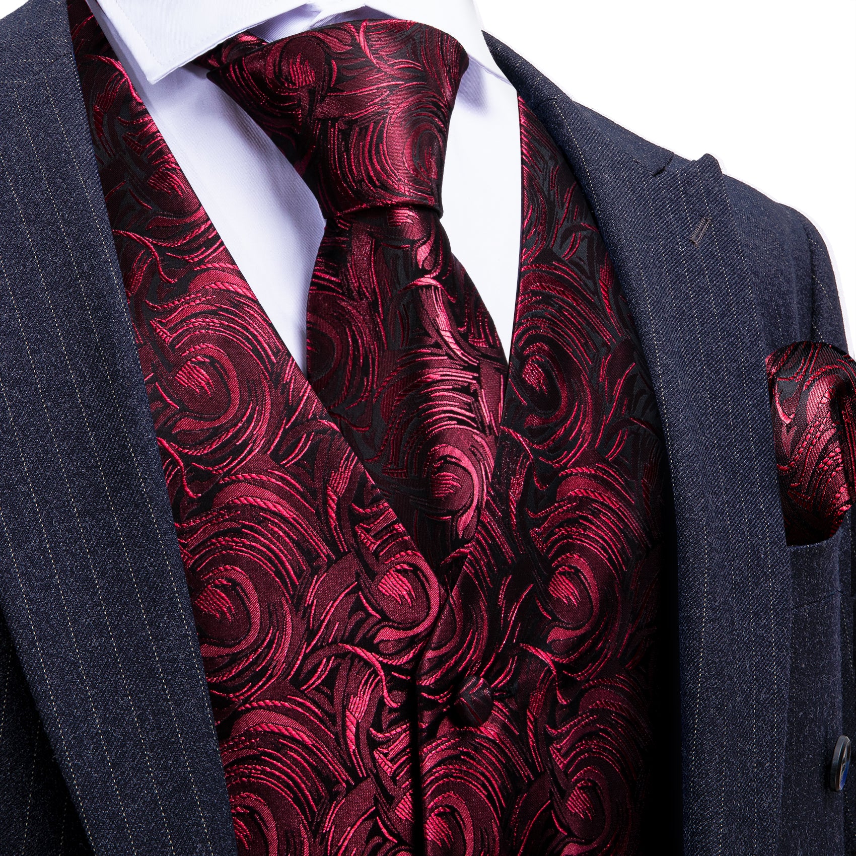Burgundy Red Jacquard Floral Silk Vest Tie Hanky Cufflinks Set