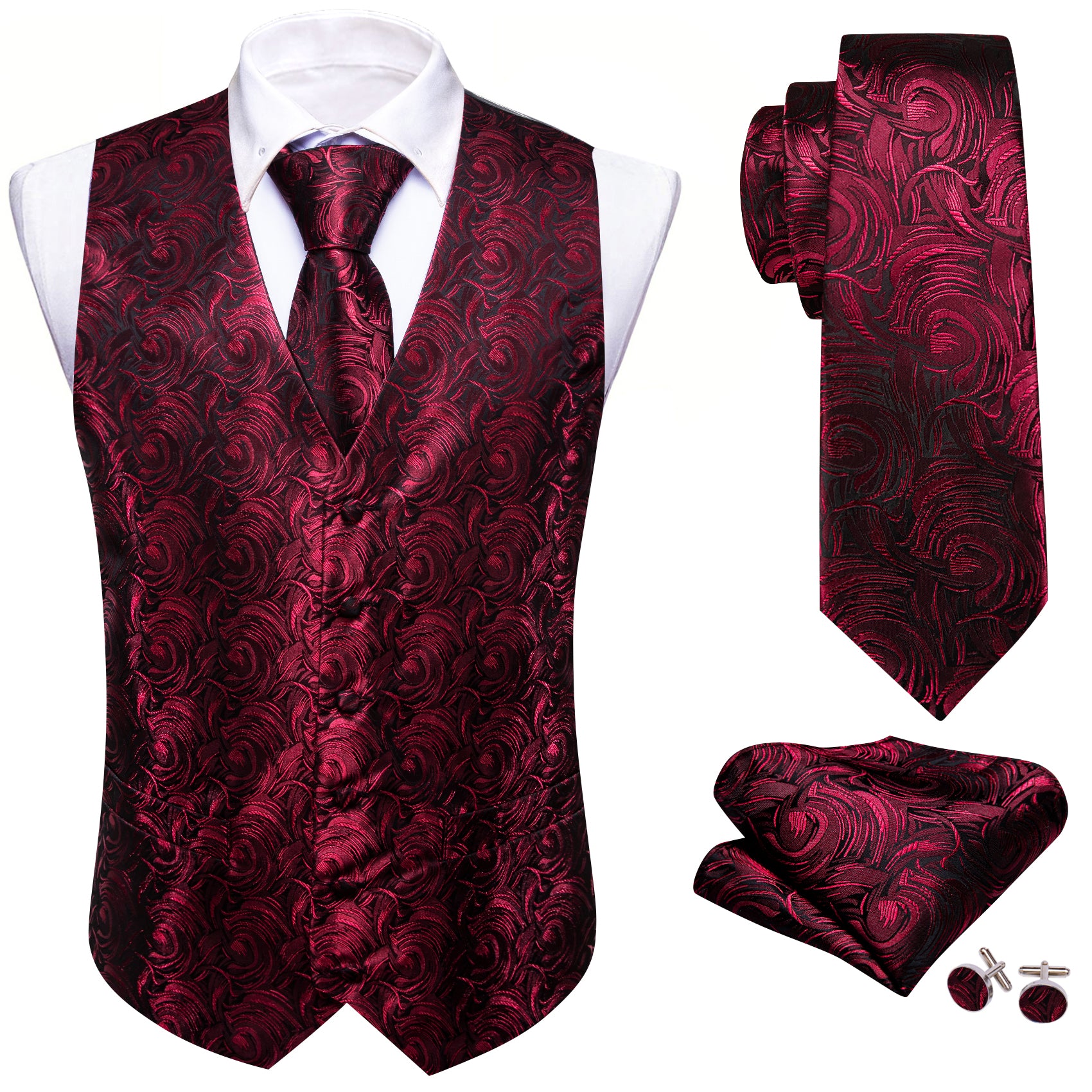 Men's Burgundy Red Floral Silk Tie Waistcoat Vest Hanky Cufflinks Set