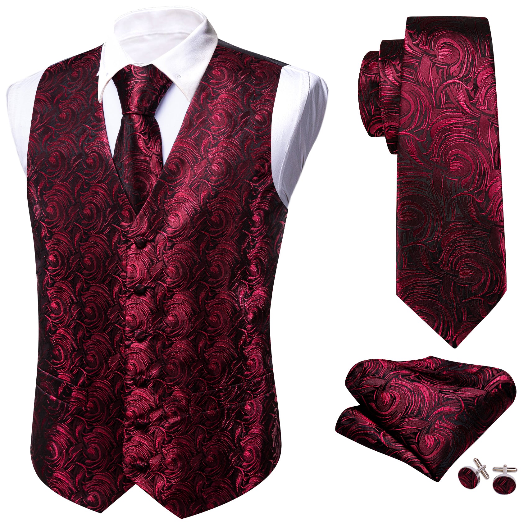 Men's Burgundy Red Floral Silk Tie Waistcoat Vest Hanky Cufflinks Set
