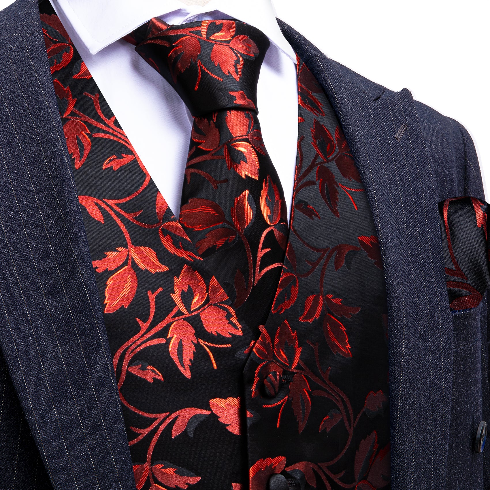 Men's Black Red Floral Silk Tie Waistcoat Vest Hanky Cufflinks Set
