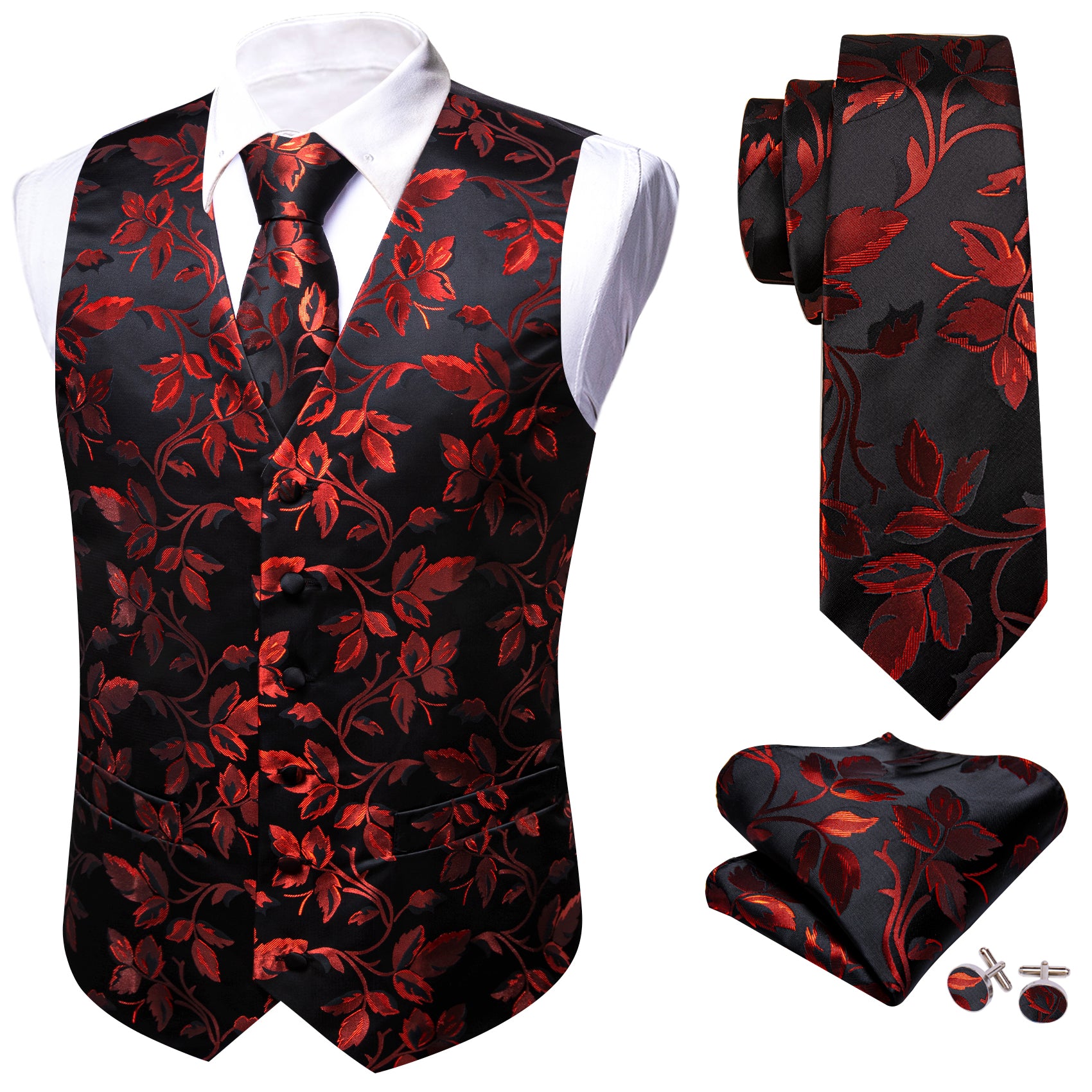 Men's Black Red Floral Silk Tie Waistcoat Vest Hanky Cufflinks Set