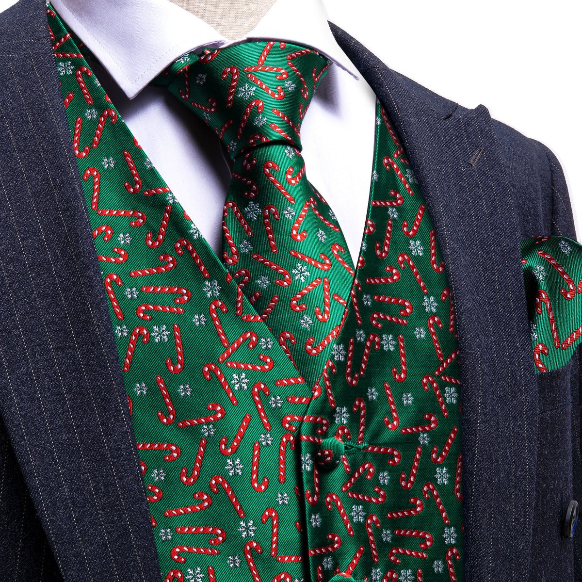 Christmas Green Red Crutch Silk Tie Waistcoat Vest Hanky Cufflinks Set