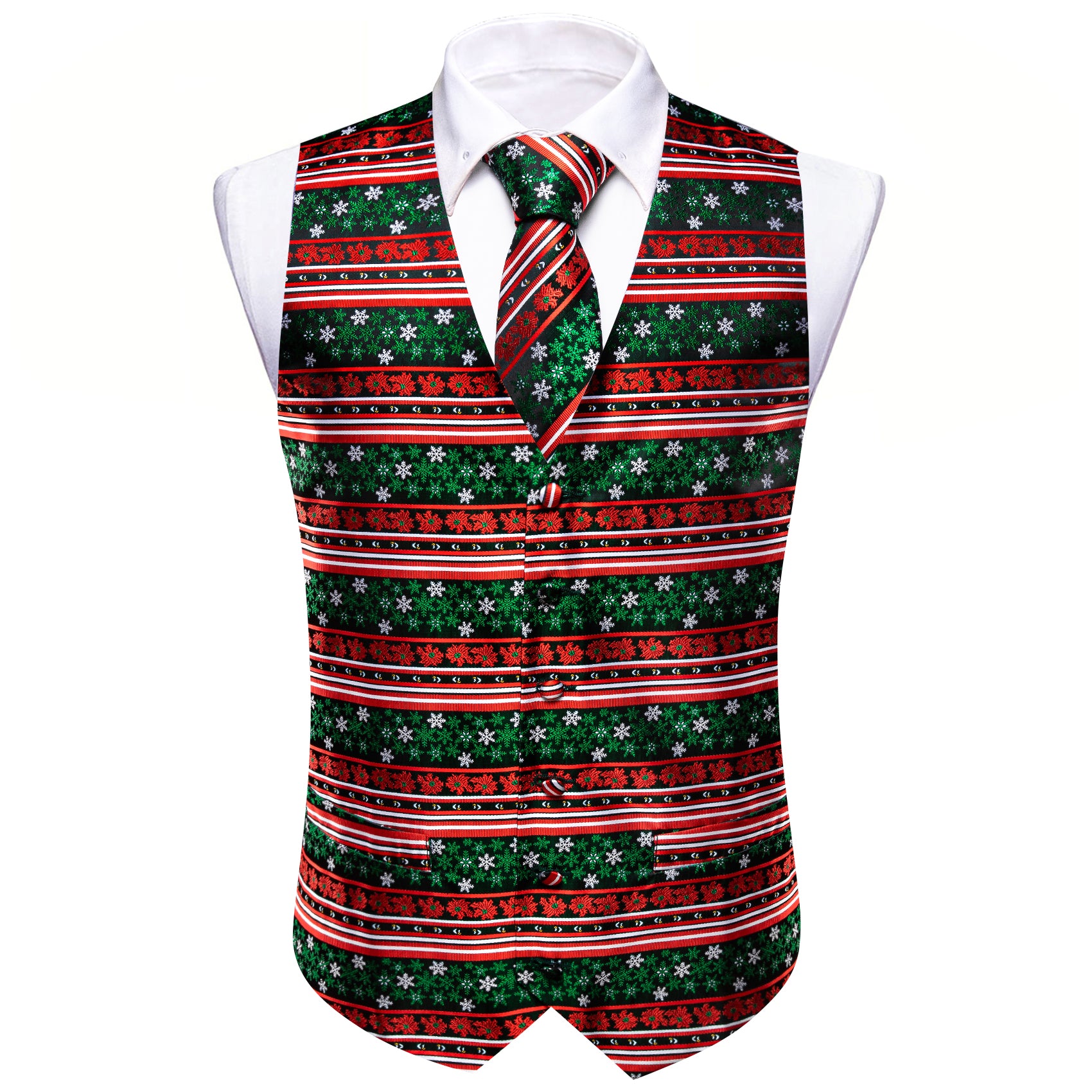 Barry.wang Men's Vest Red Green Christmas Element Silk Tie Vest Set