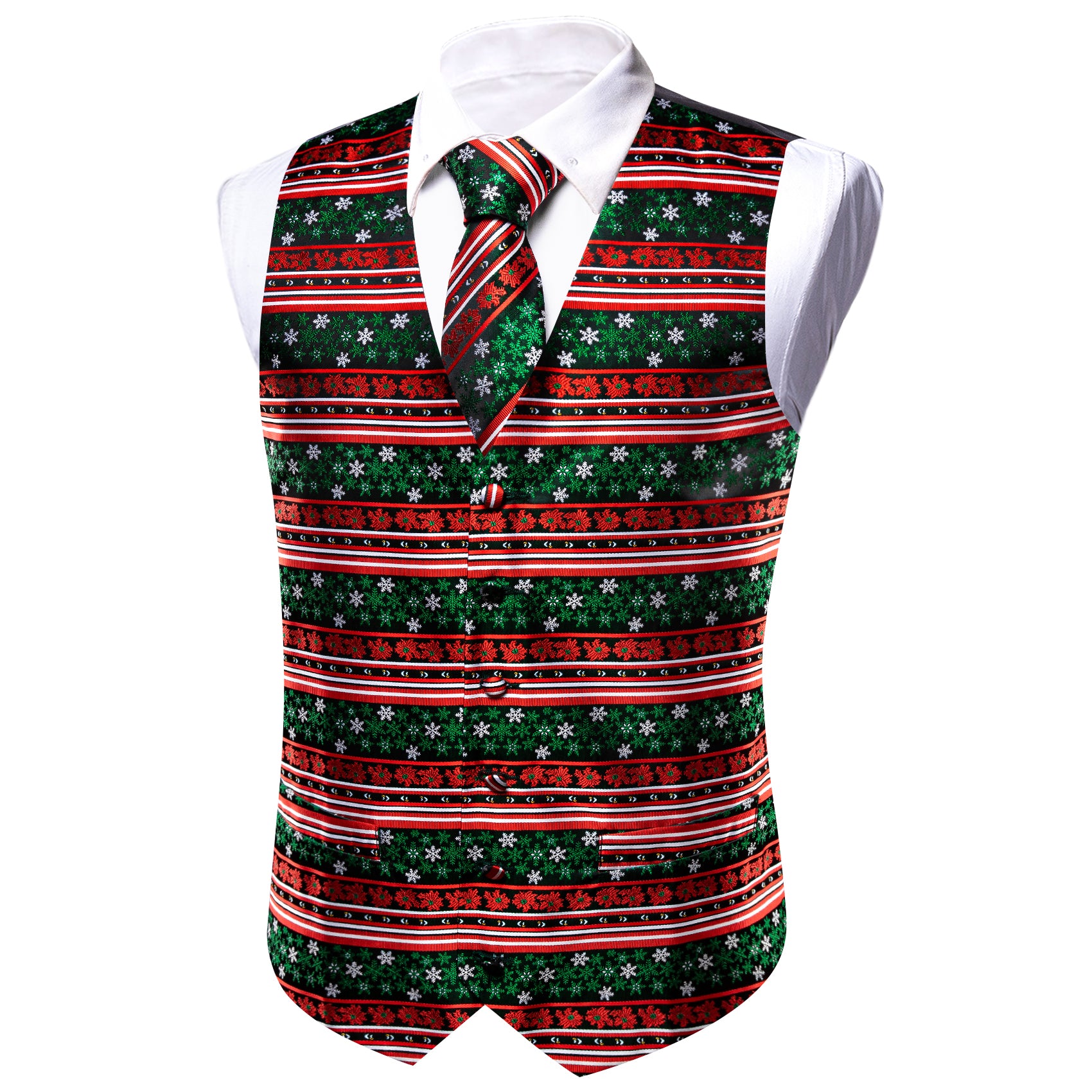 Barry.wang Men's Vest Red Green Christmas Element Silk Tie Vest Set