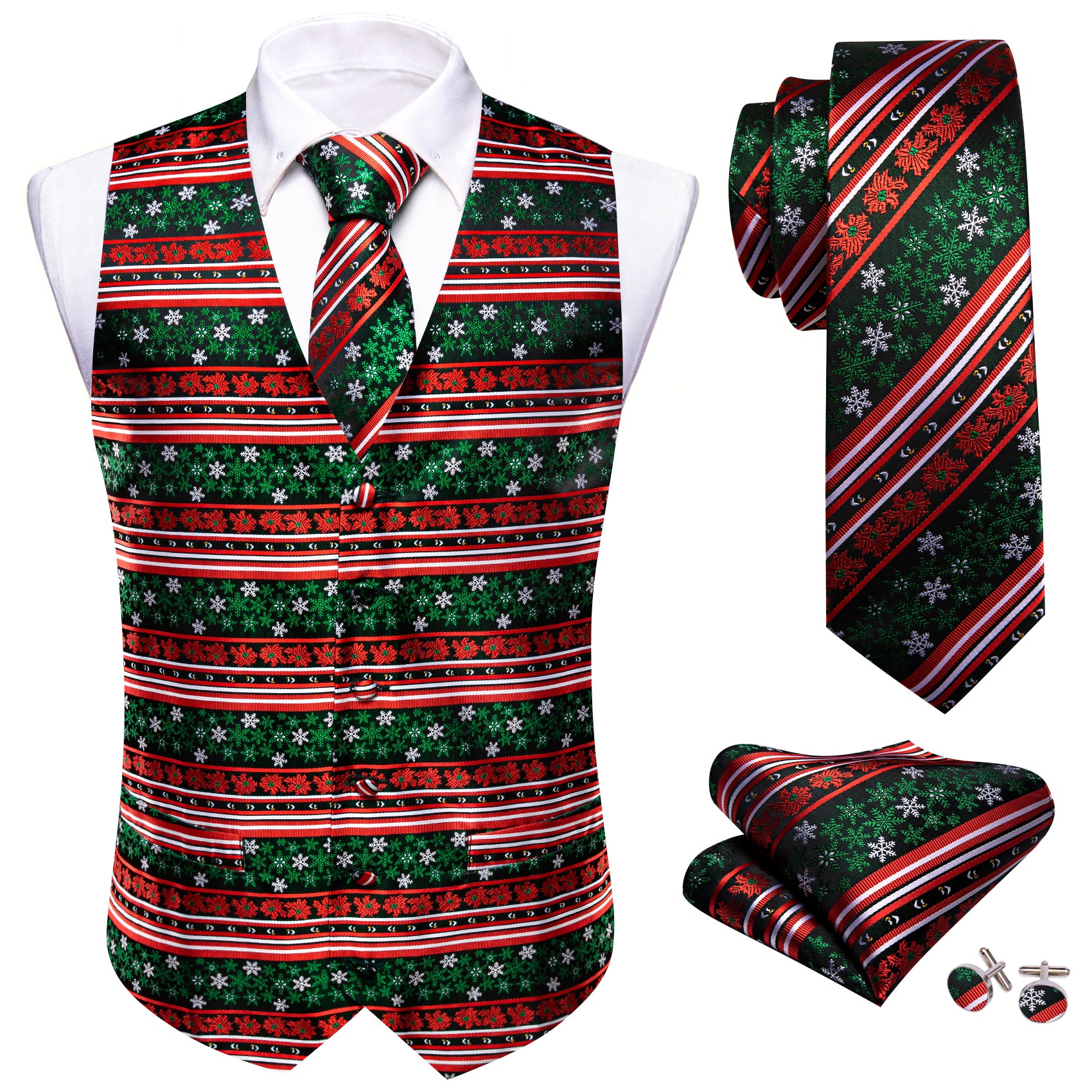 Red Green Christmas Element Silk Tie Waistcoat Vest Hanky Cufflinks Set