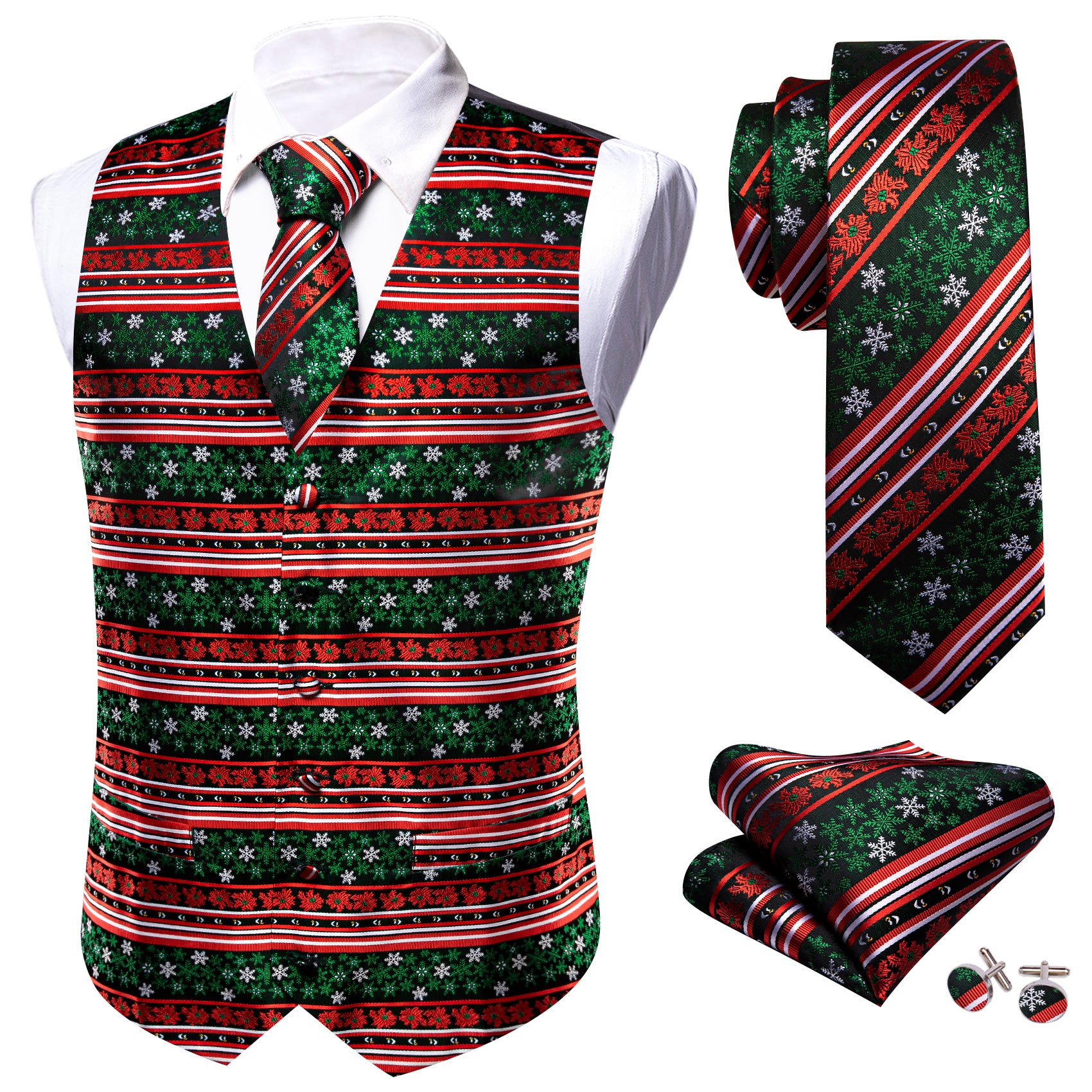 Red Green Christmas Element Silk Tie Waistcoat Vest Hanky Cufflinks Set