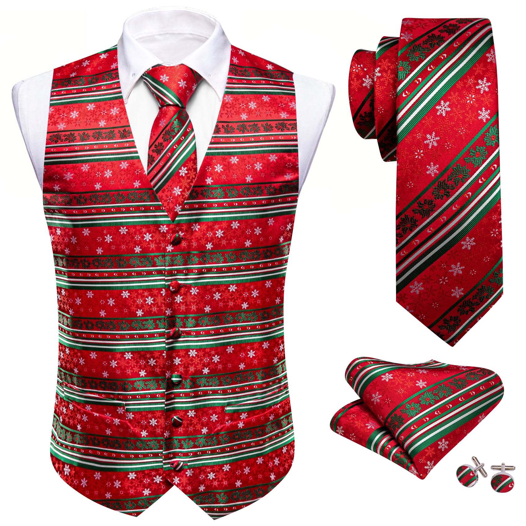 Christmas Element Striped Silk Tie Waistcoat Vest Tie Hanky Cufflinks Set