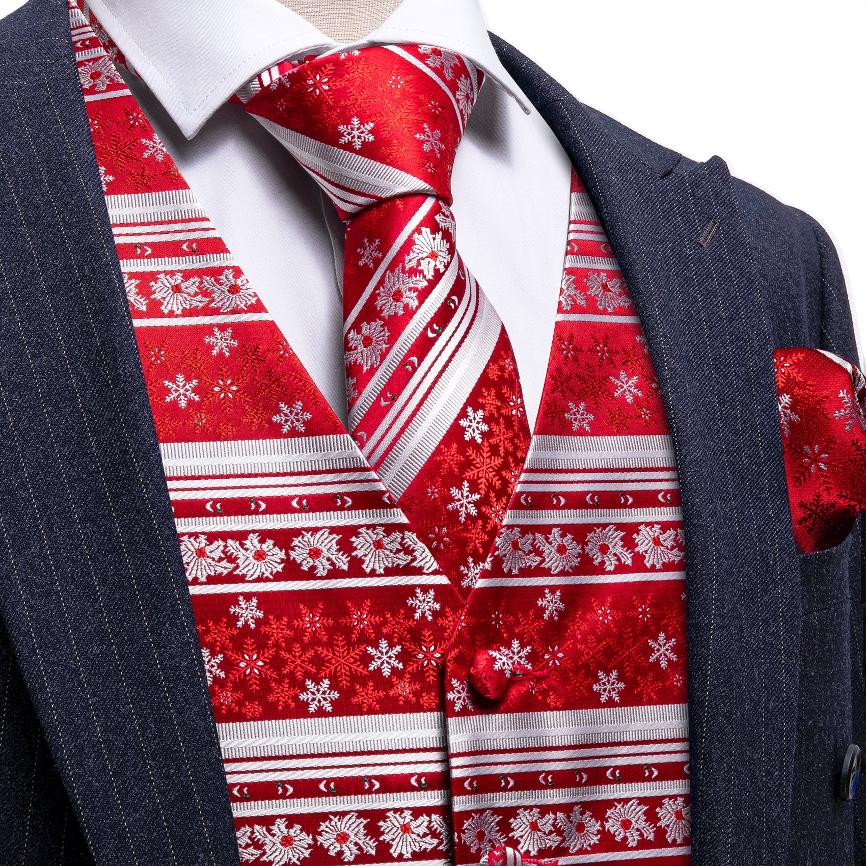 Red Silver Christmas Element Silk Tie Waistcoat Vest Hanky Cufflinks Set
