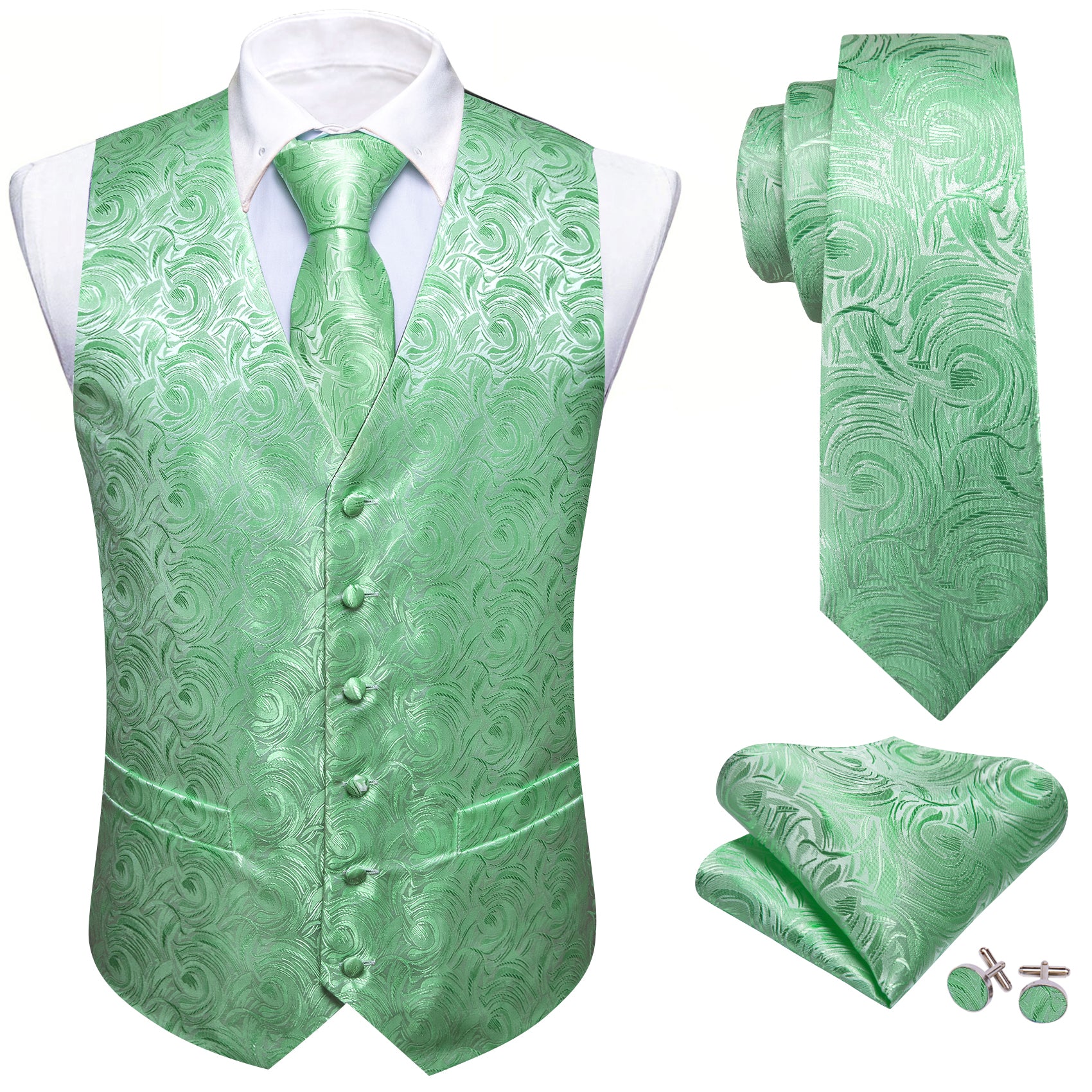 Men's Turquoise Green Floral Silk Tie Waistcoat Vest Hanky Cufflinks Set