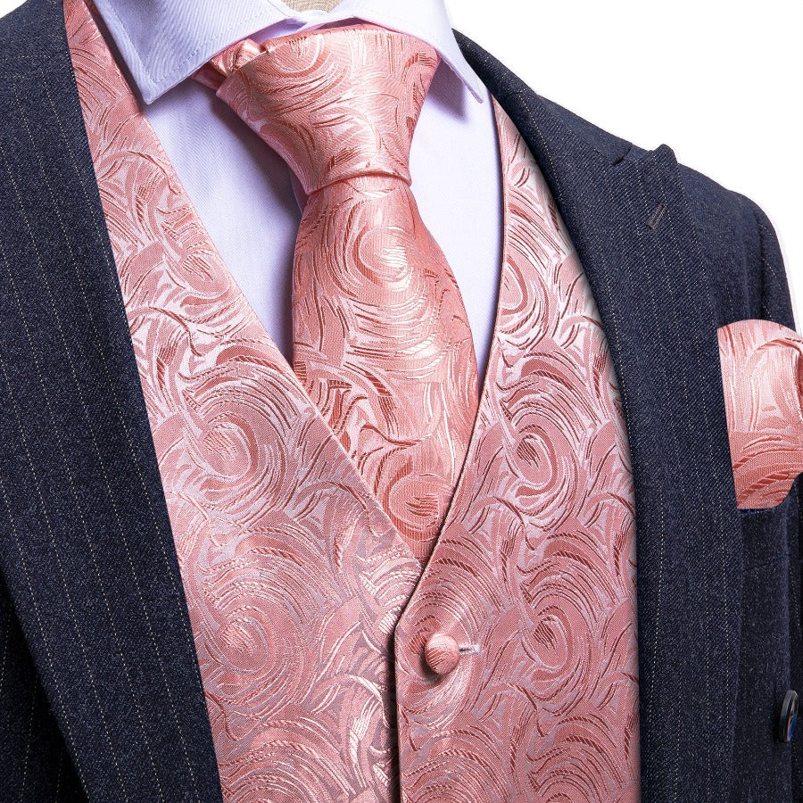 Men's Pink Floral Silk Tie Waistcoat Vest Hanky Cufflinks Set