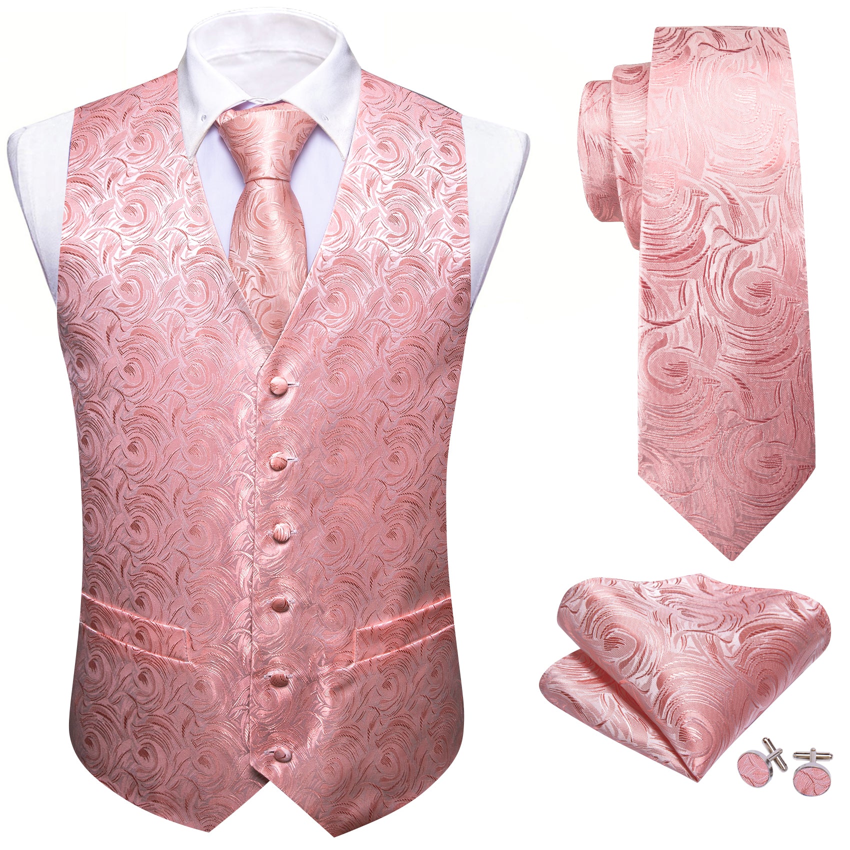 Men's Pink Floral Silk Tie Waistcoat Vest Hanky Cufflinks Set