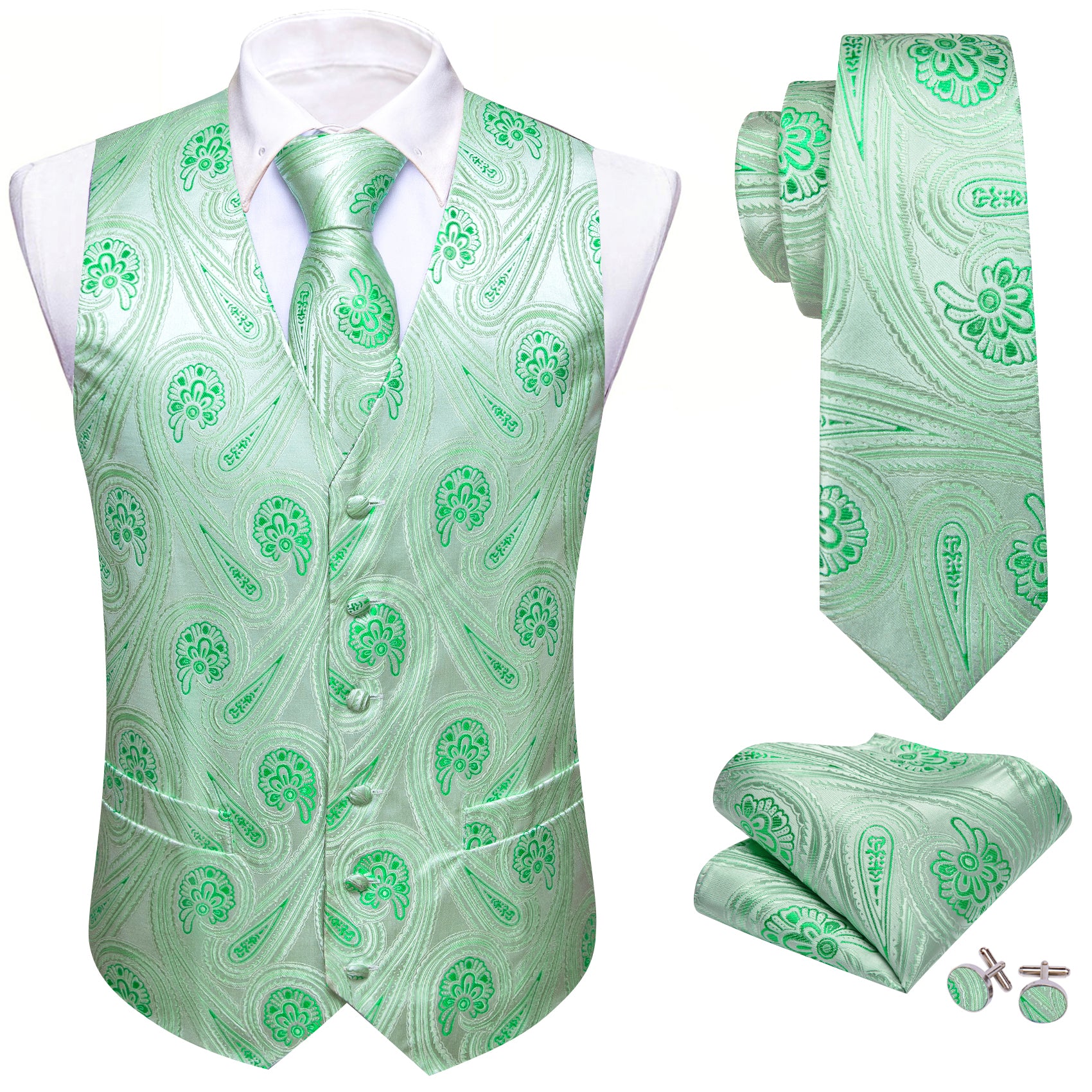 Men's Light Green Paisley Silk Tie Waistcoat Vest Hanky Cufflinks Set