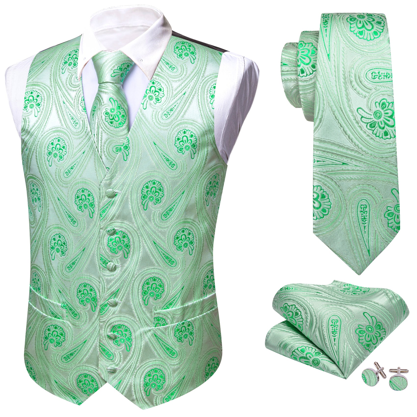 Men's Light Green Paisley Silk Tie Waistcoat Vest Hanky Cufflinks Set