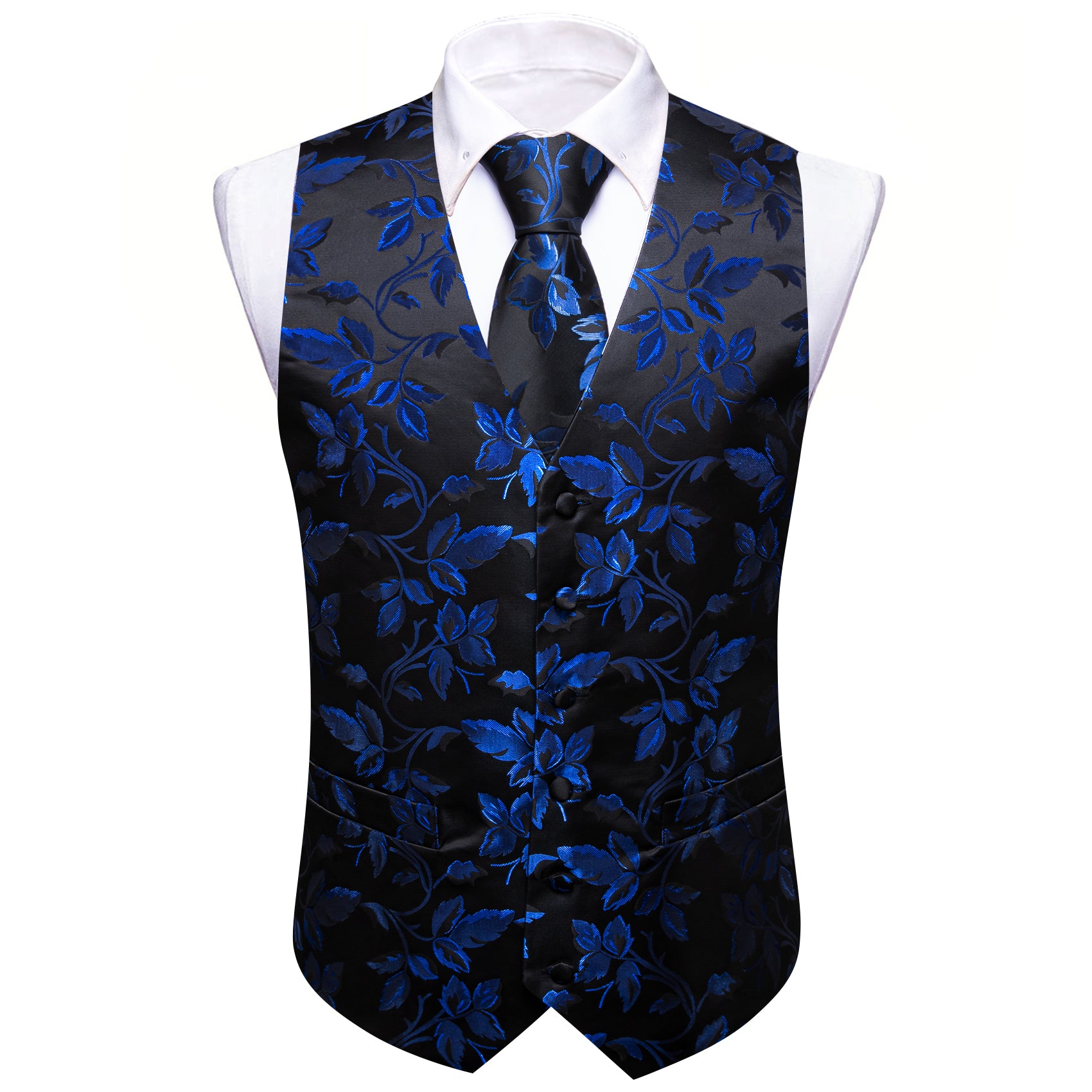 Barry.wang Men's Vest Black Blue Floral Silk Tie Waistcoat Vest Hanky Cufflinks Set