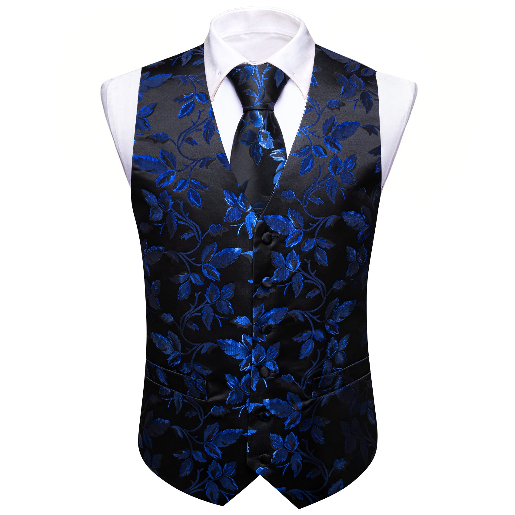 Barry. Wang Blue Floral Suit Vest Black Formal Dress Vest Tie Pocket Square Cufflinks Set, M Barry. Wang Blue Floral Suit Vest Black Formal Dress Vest Tie Pocket Square Cufflinks Set, M