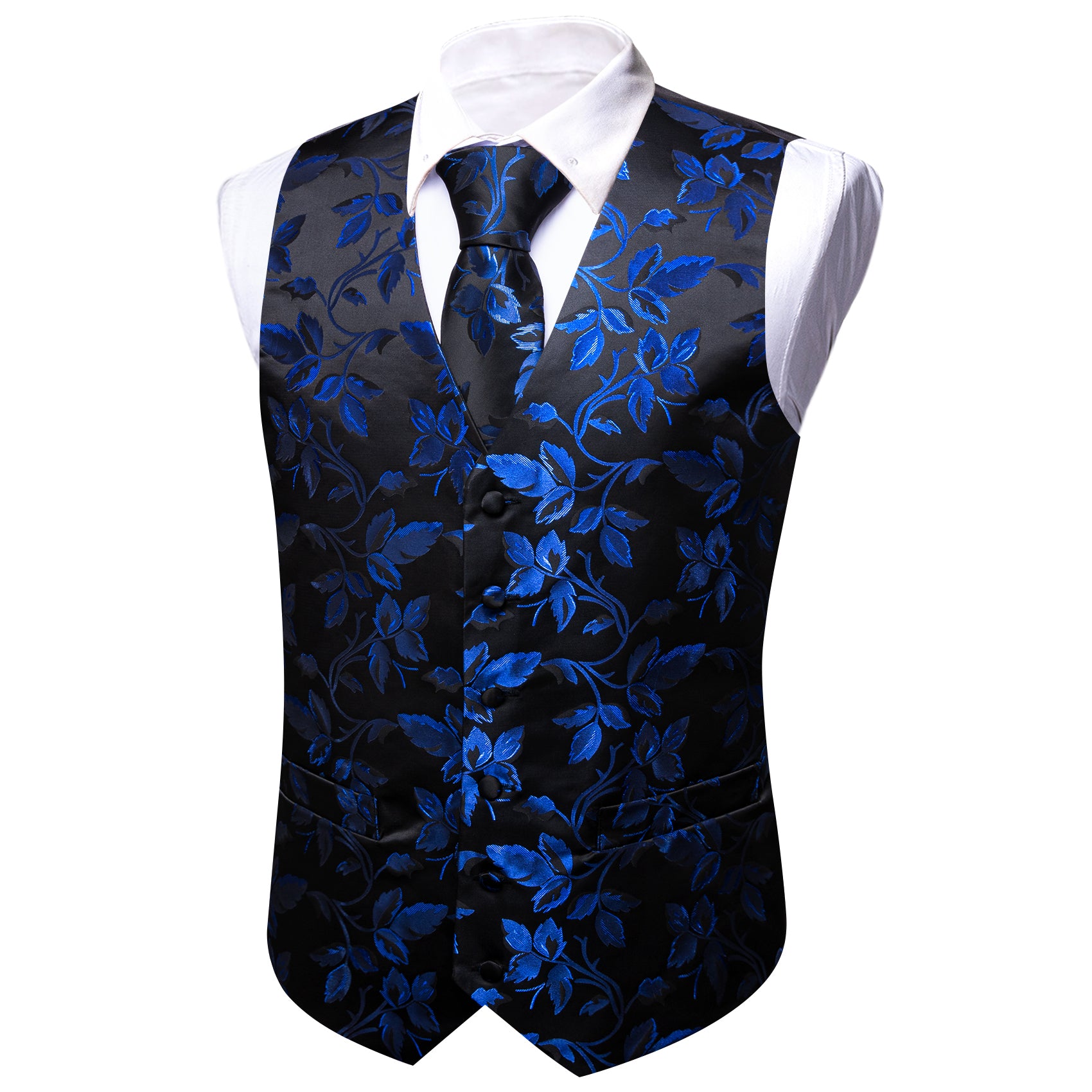 Men's Black Blue Floral Silk Tie Waistcoat Vest Hanky Cufflinks Set