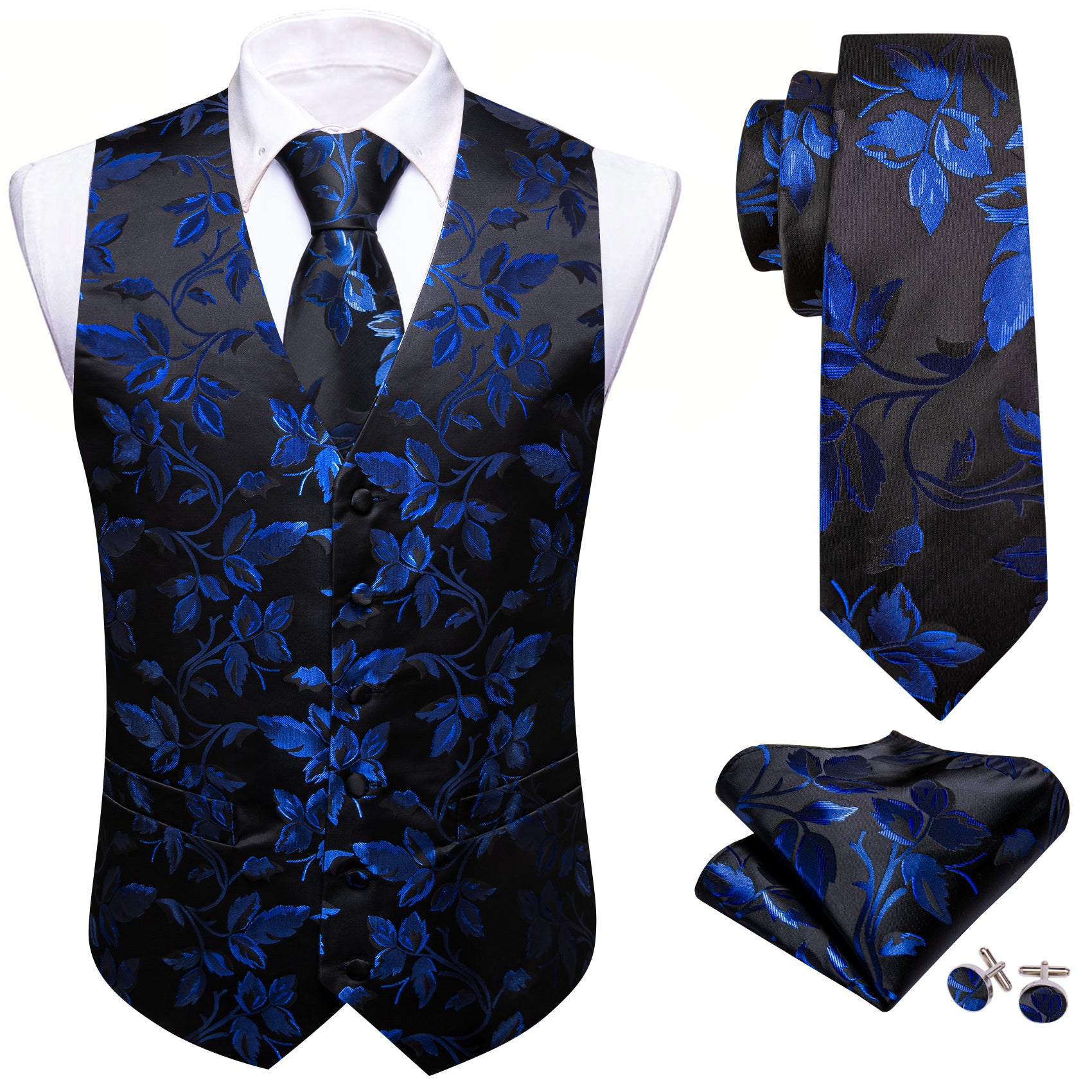 Barry Wang Men's Black Purple Jacquard Floral Silk Tie Waistcoat