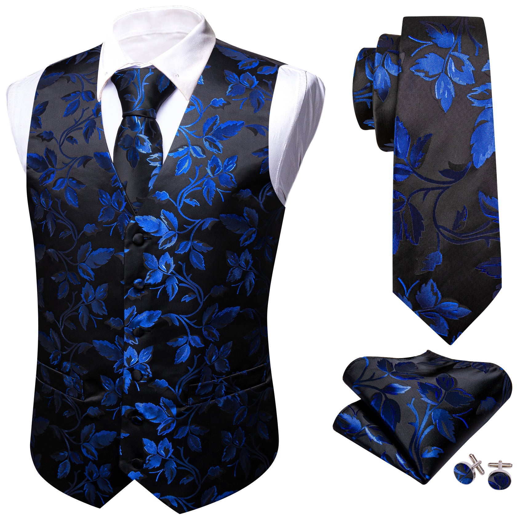 Men's Black Blue Floral Silk Tie Waistcoat Vest Hanky Cufflinks Set