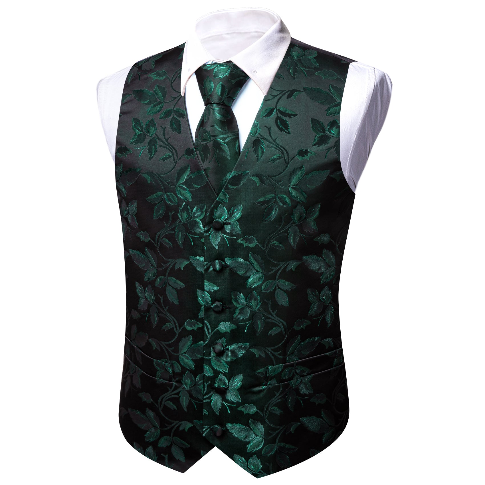 Men's Dark Green Floral Silk Tie Waistcoat Vest Hanky Cufflinks Set