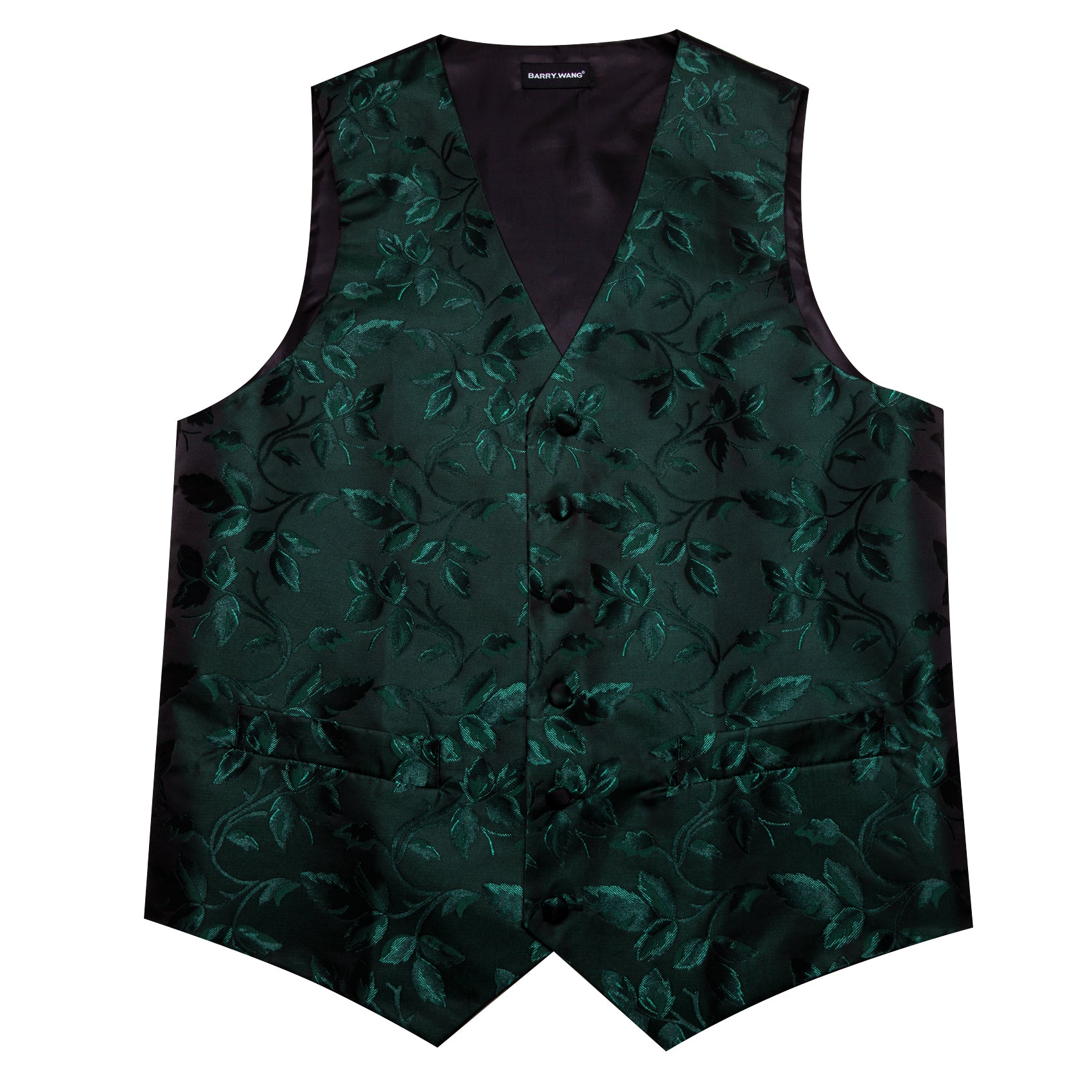 Men's Dark Green Floral Silk Tie Waistcoat Vest Hanky Cufflinks Set