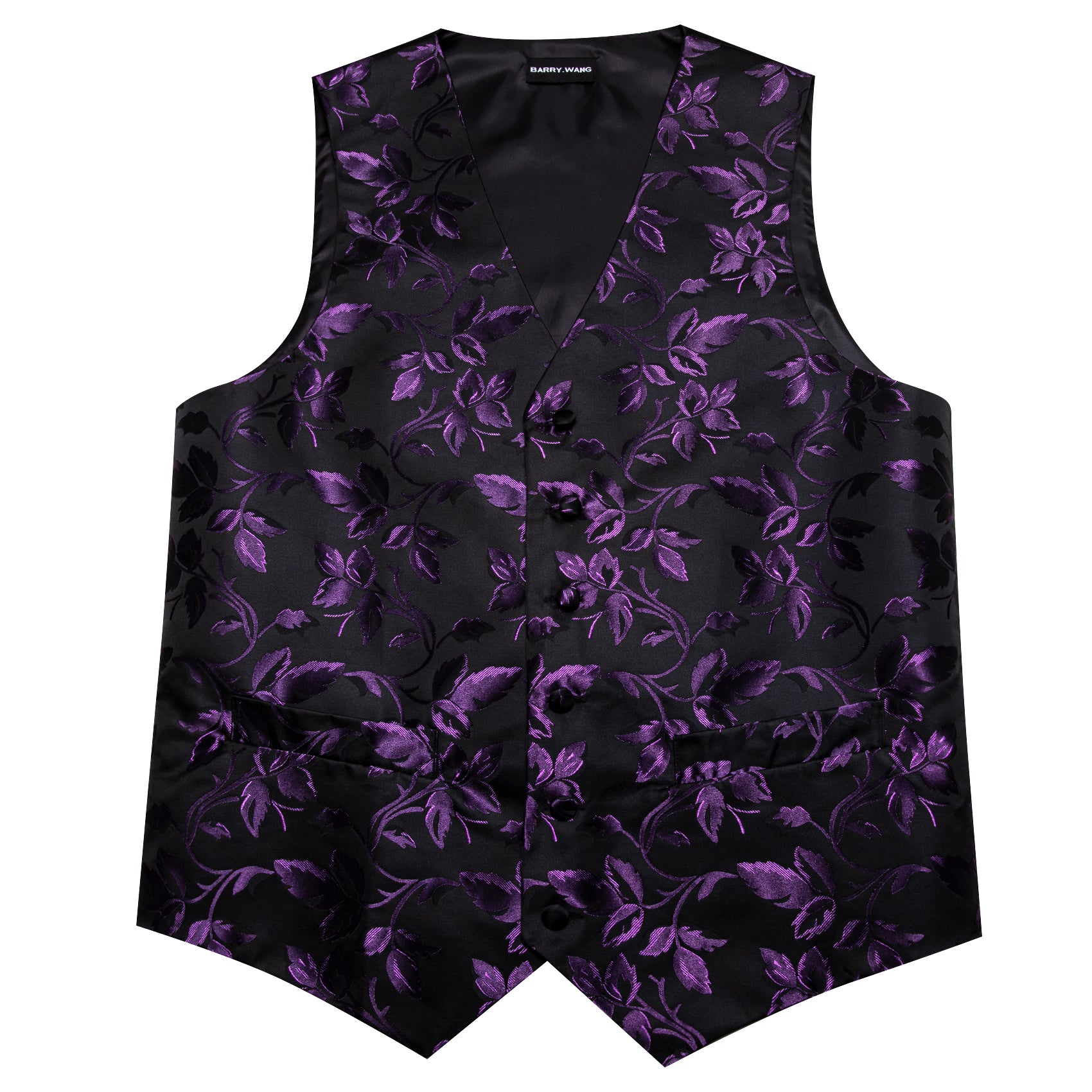 Barry Wang Men's Black Purple Jacquard Floral Silk Tie Waistcoat