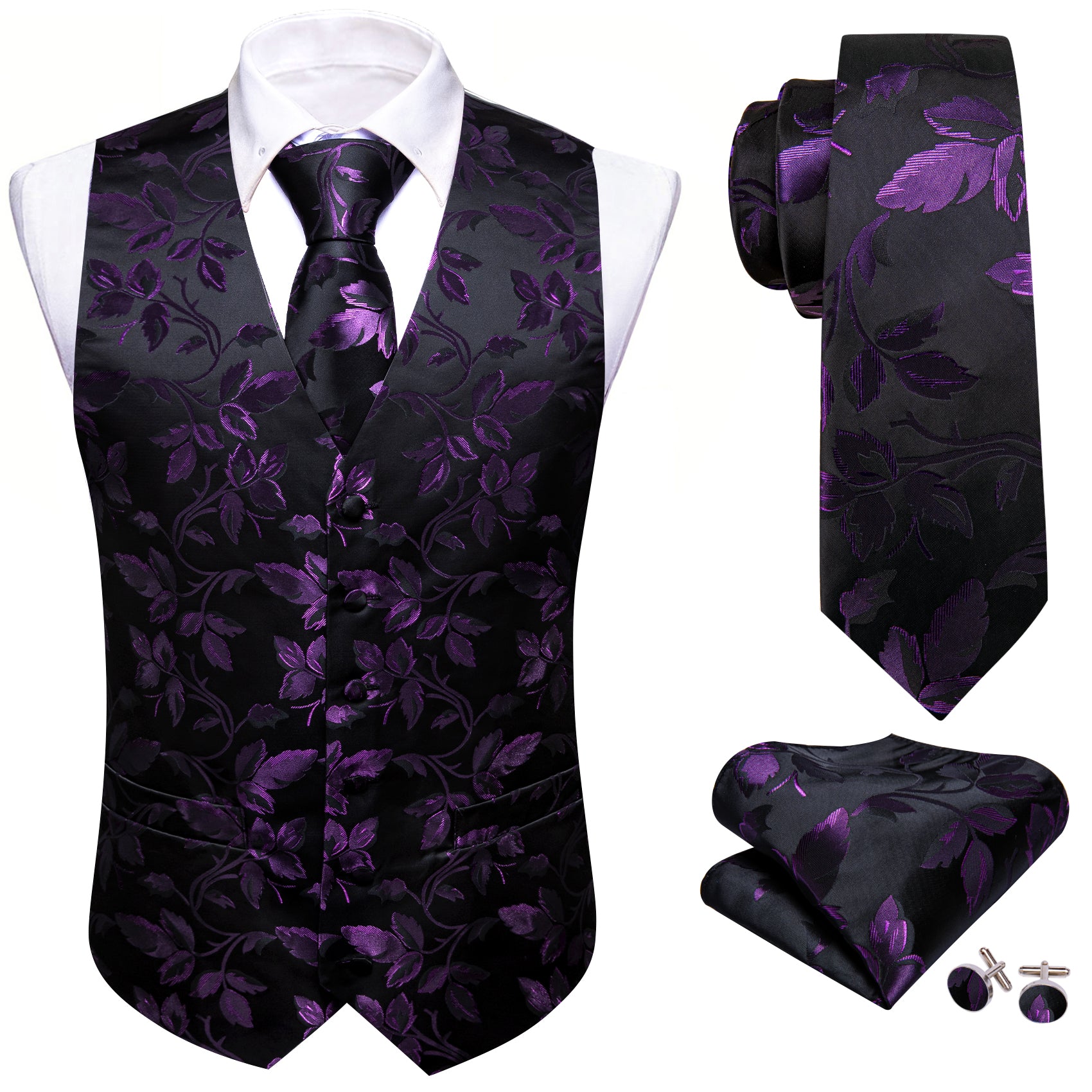 Men's Purple Black Floral Silk Tie Waistcoat Vest Hanky Cufflinks Set