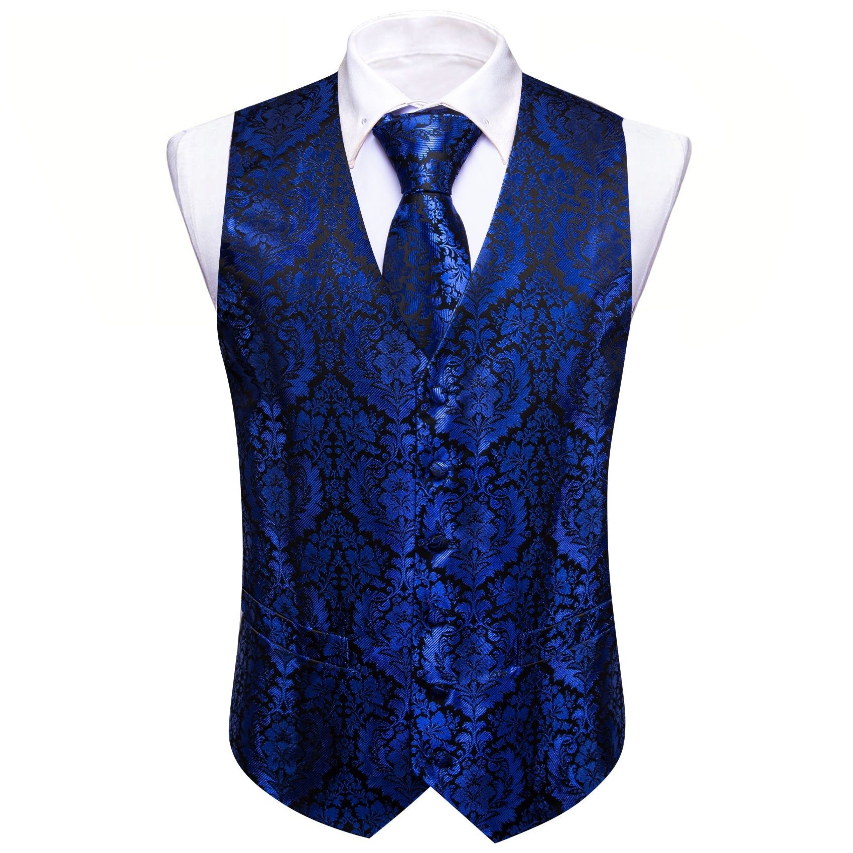 Men's Cobalt Blue Floral Silk Tie Waistcoat Vest Hanky Cufflinks Set