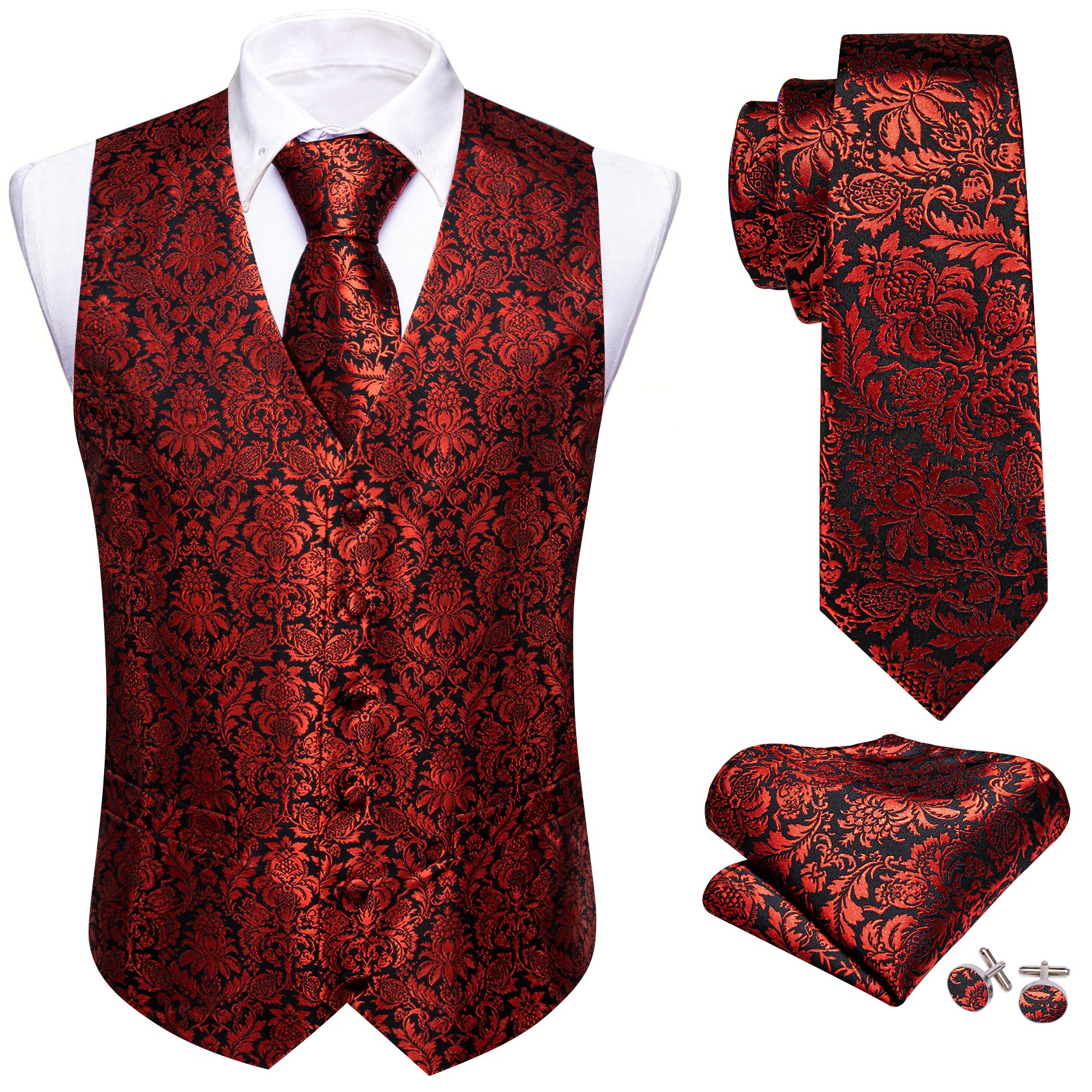 Men's Red Black Paisley Silk Tie Waistcoat Vest Hanky Cufflinks Set