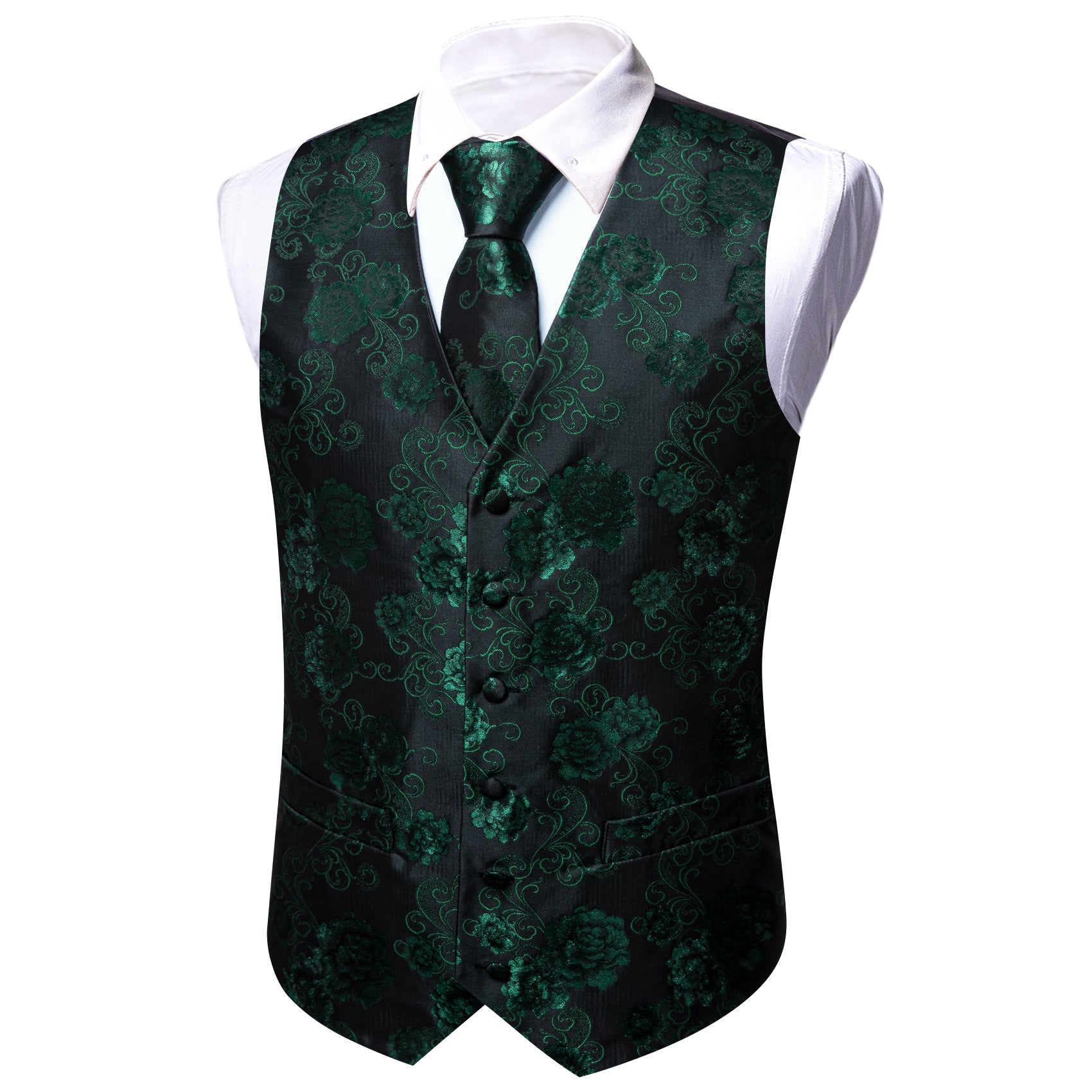 BarryWang Men's Black Green Flower Silk Tie Waistcoat Vest Tie Set Barry. Wang BarryWang Men's Black Green Flower Silk Tie Waistcoat Vest Tie Set Barry. Wang