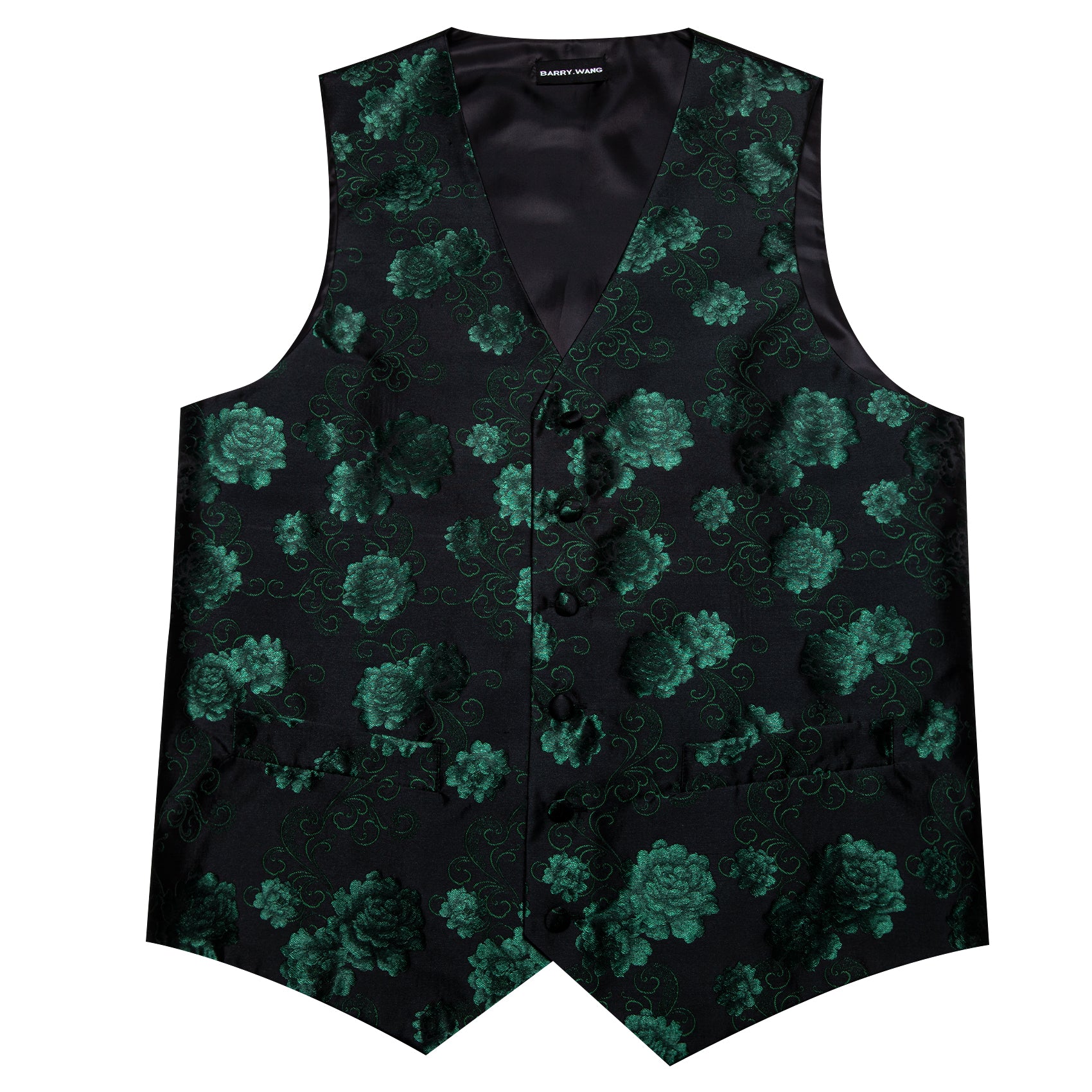 Men's Black Green Flower Silk Tie Waistcoat Vest Hanky Cufflinks Set