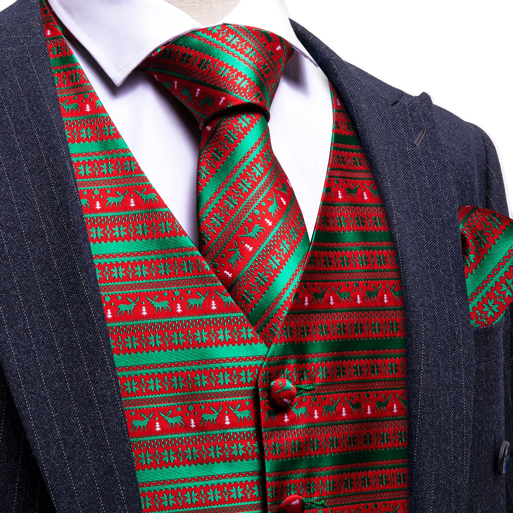 Christmas Red Green Elk Silk Tie Waistcoat Vest Hanky Cufflinks Set