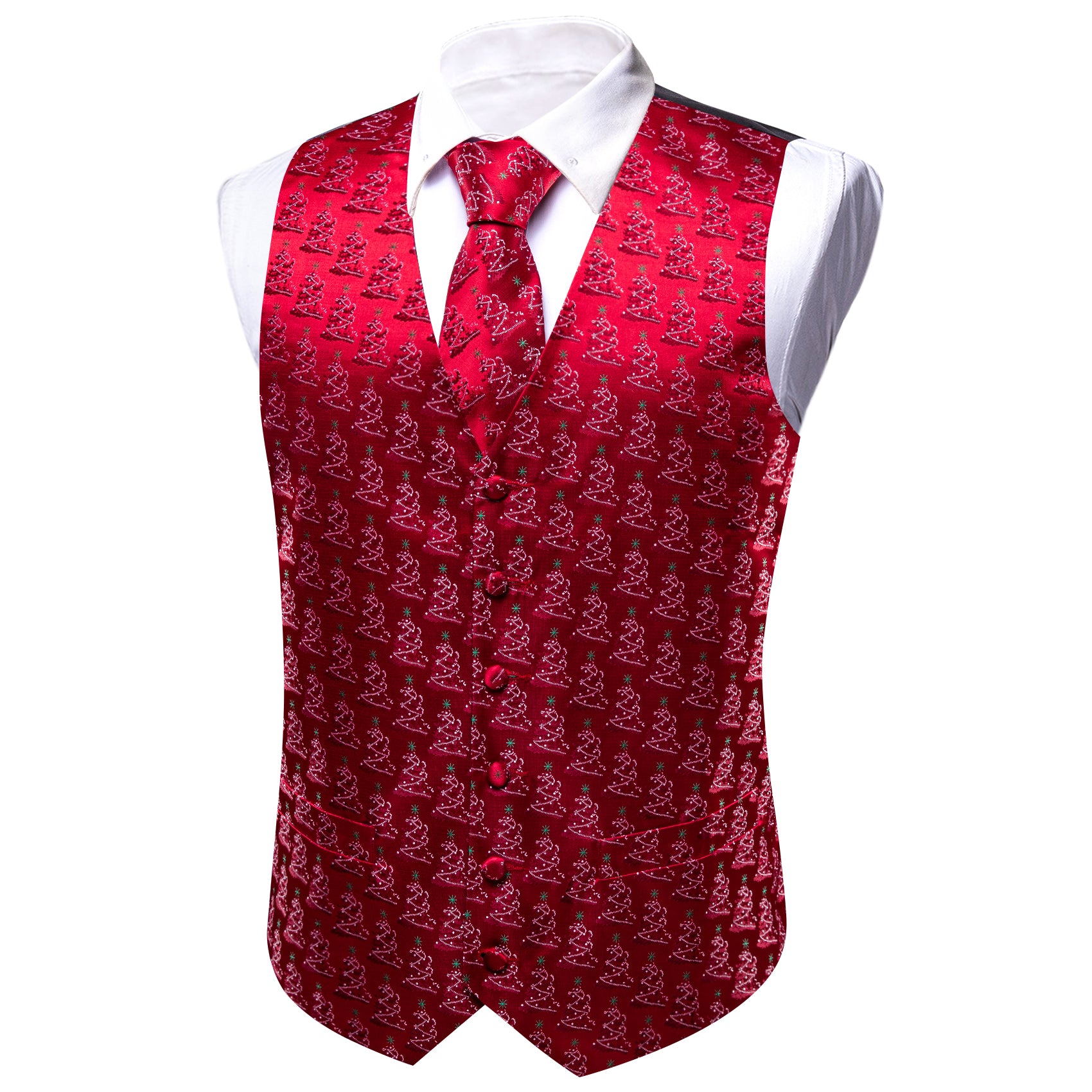 Christmas Strong Red Tree Silk Tie Waistcoat Vest Hanky Cufflinks Set