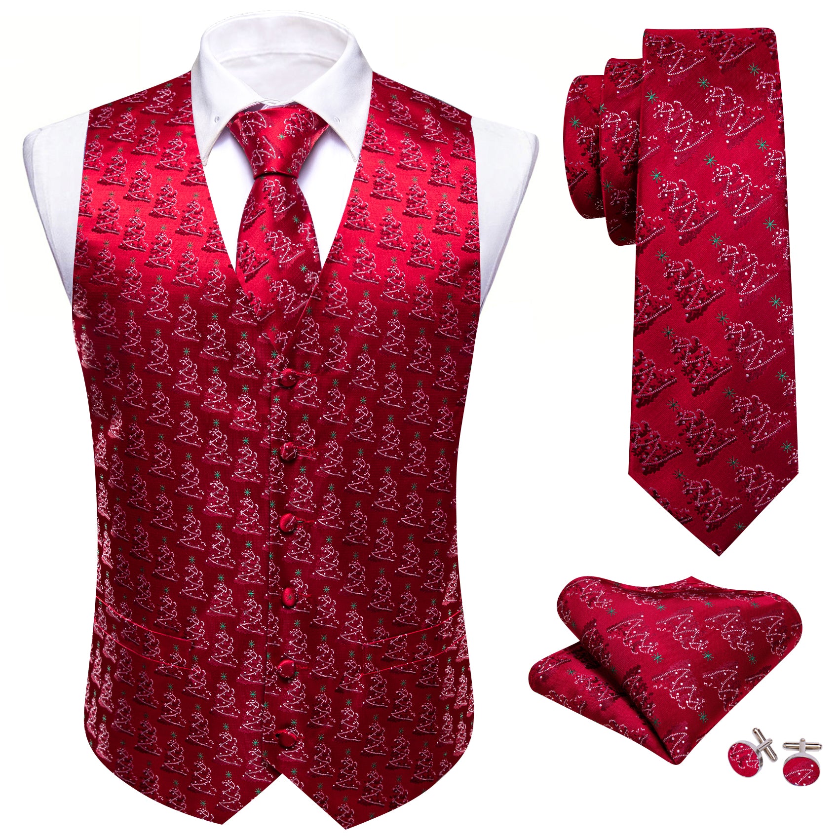 Christmas Strong Red Tree Silk Tie Waistcoat Vest Hanky Cufflinks Set