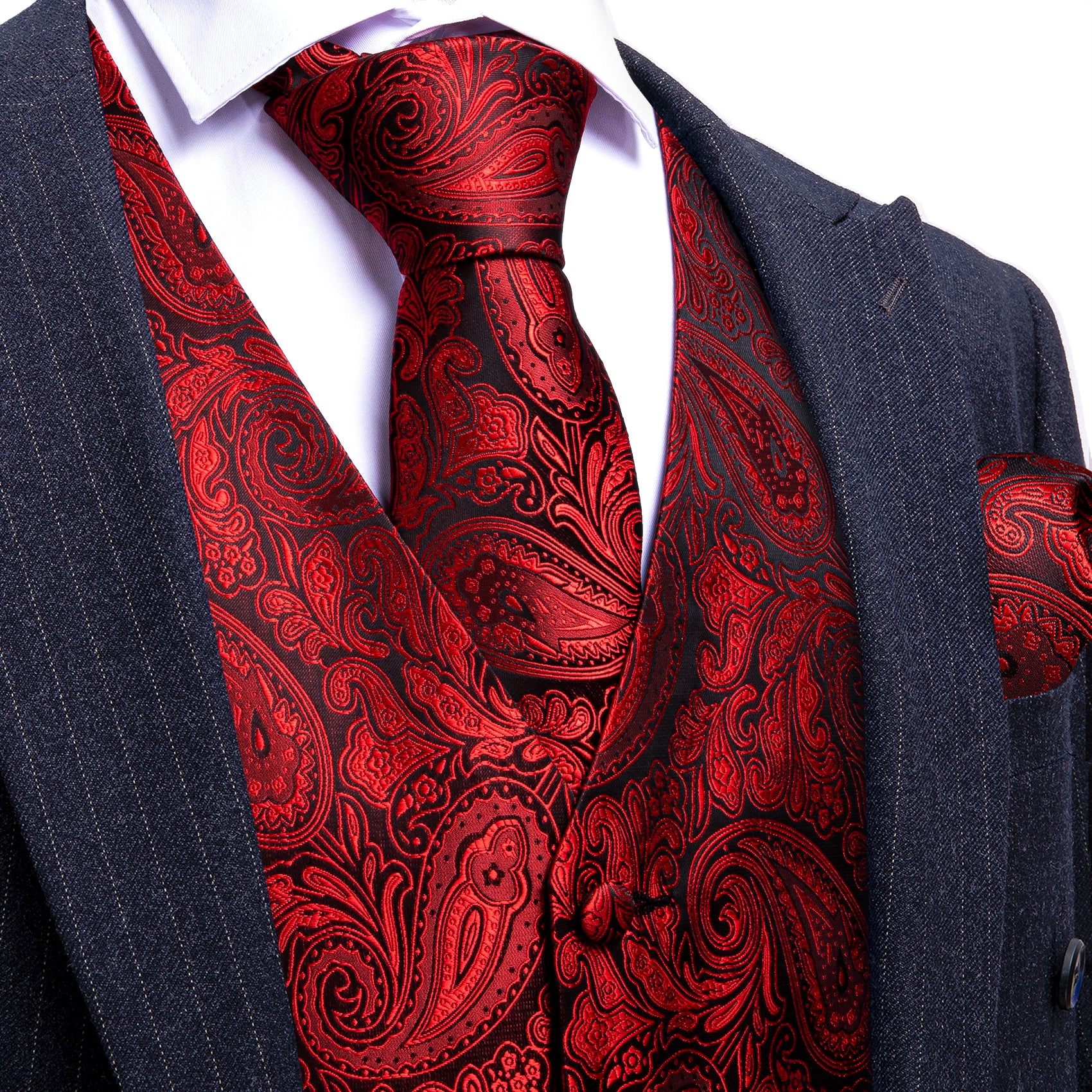 Men's Red Paisley Silk Tie Waistcoat Vest Hanky Cufflinks Set