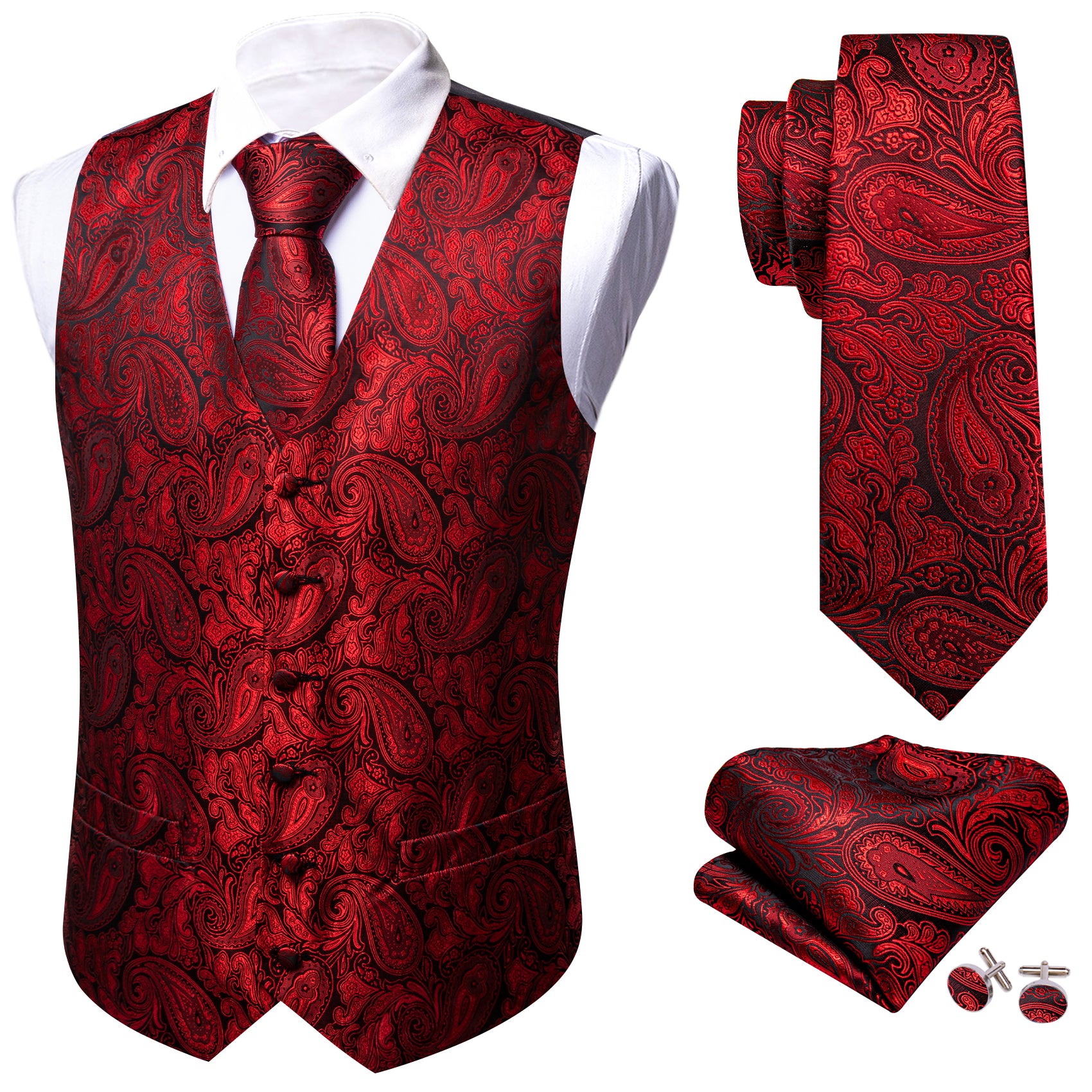 Men's Red Paisley Silk Tie Waistcoat Vest Hanky Cufflinks Set