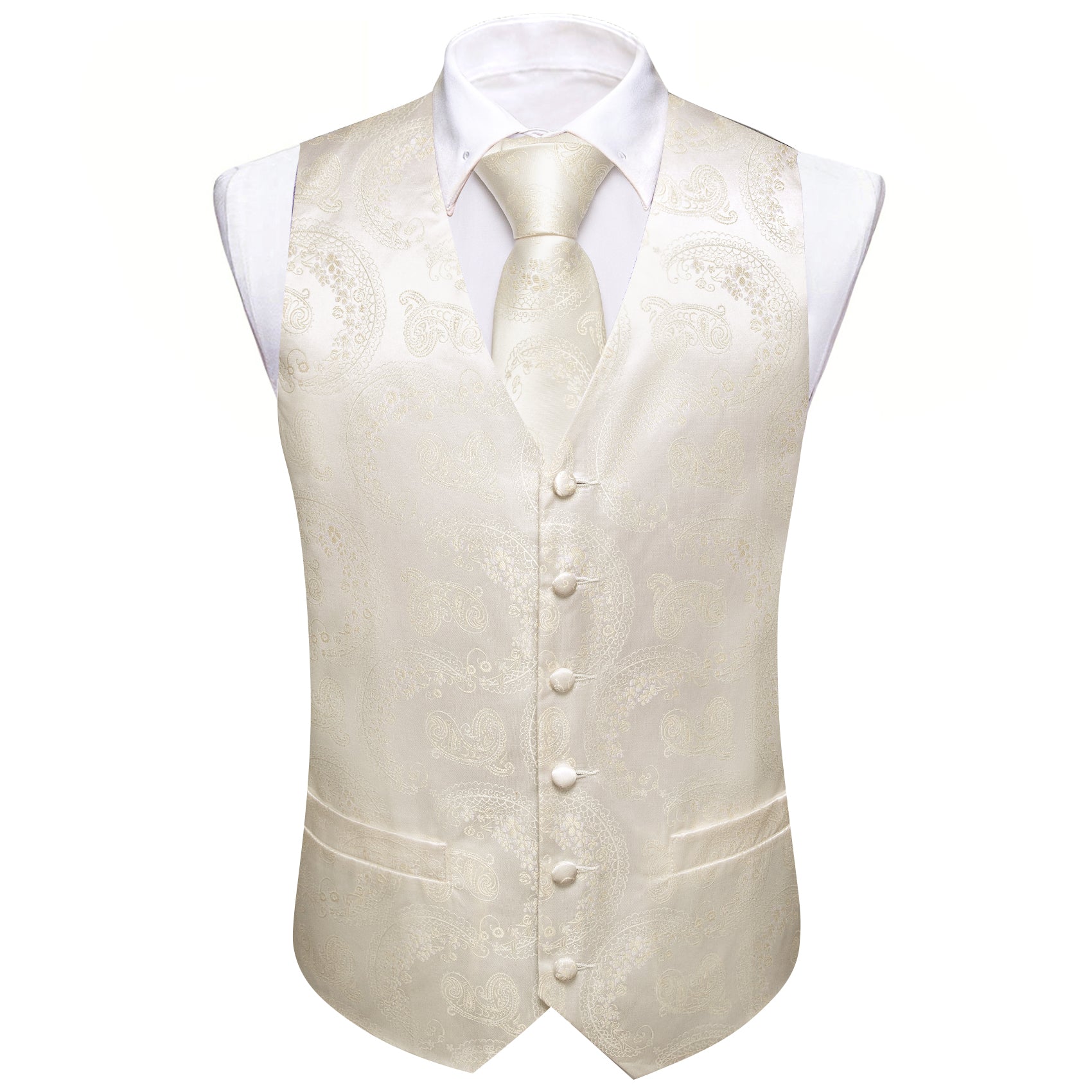 Men's White Paisley Silk Tie Waistcoat Vest Hanky Cufflinks Set
