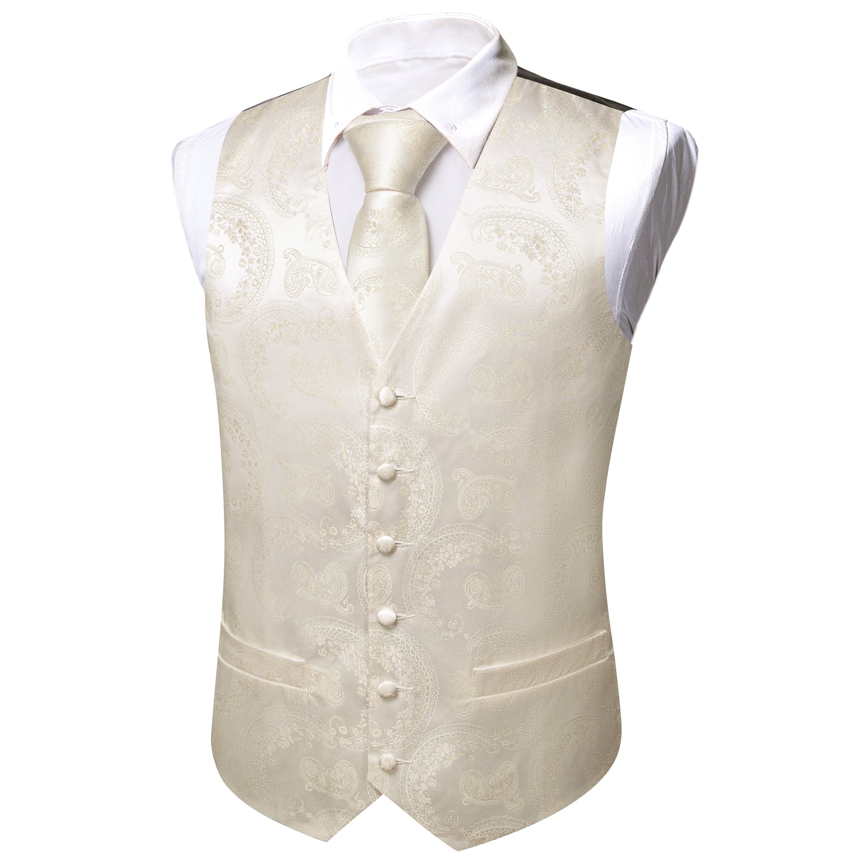 Men's White Paisley Silk Tie Waistcoat Vest Hanky Cufflinks Set
