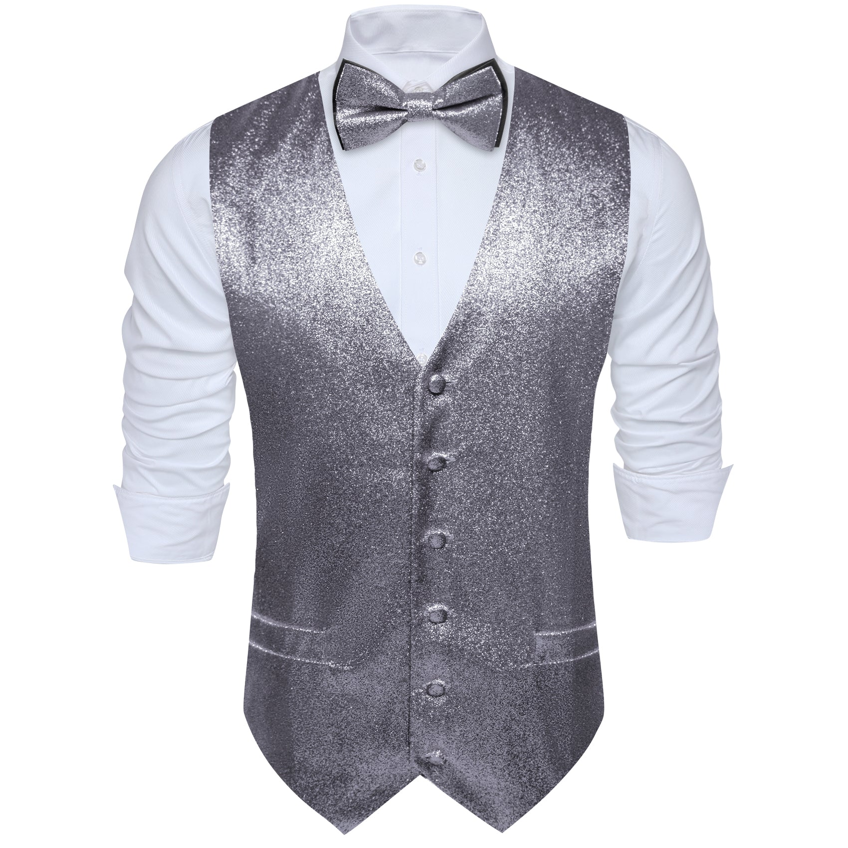 Men's Grey Solid Silk Bow tie Waistcoat Vest Set