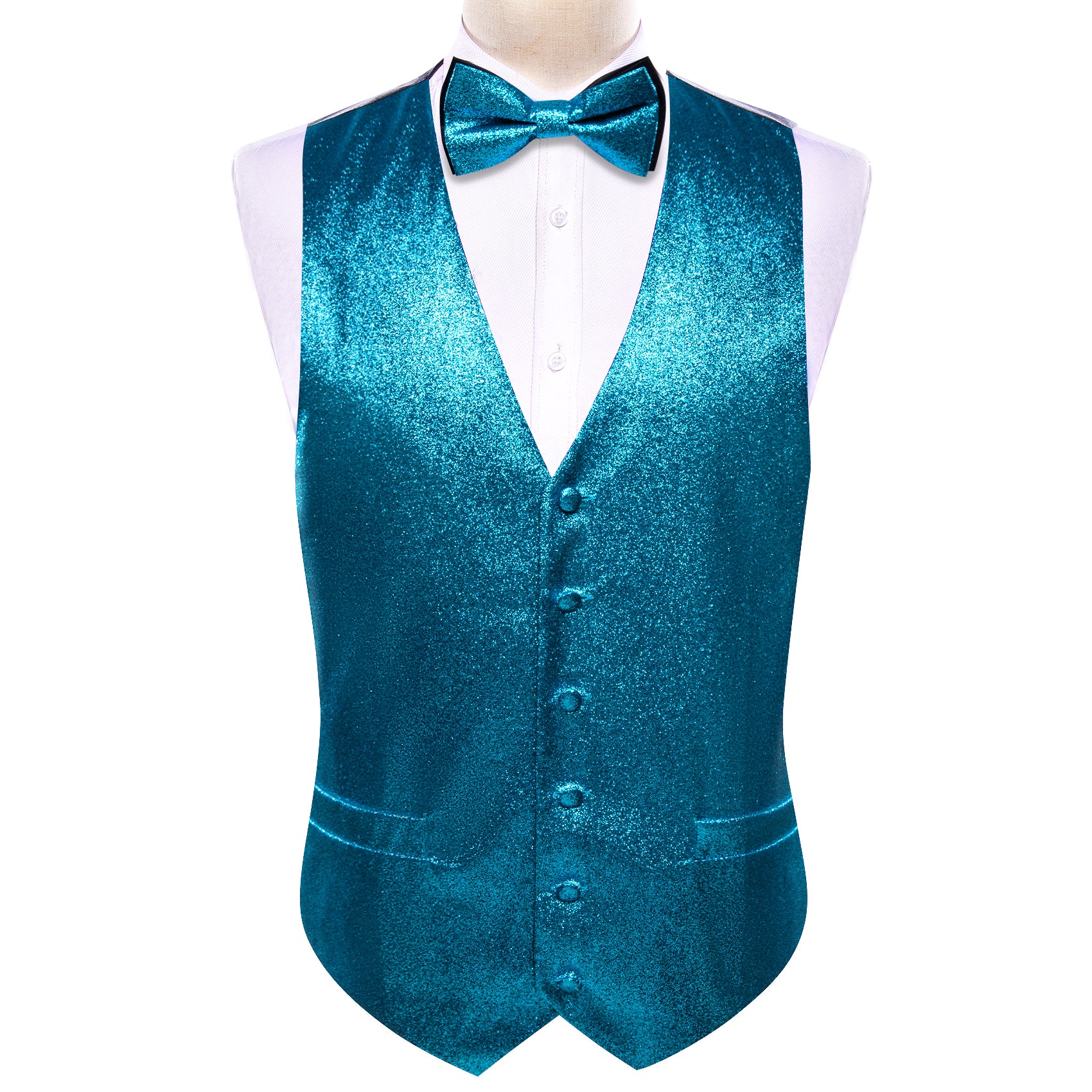 Men's Blue Solid Silk Bow tie Waistcoat Vest Set