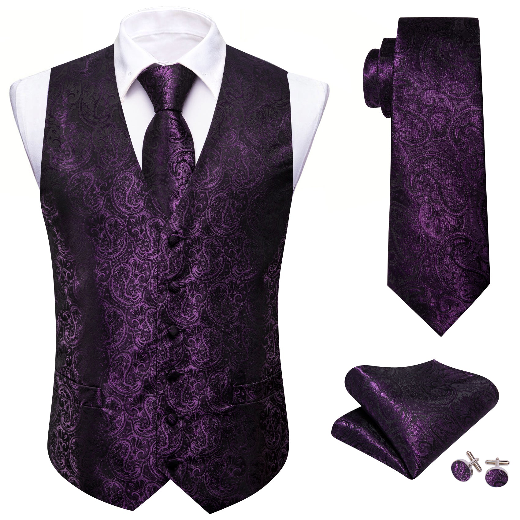 Deep Purple Paisley Silk Vest Tie Pocket Square Cufflinks Set
