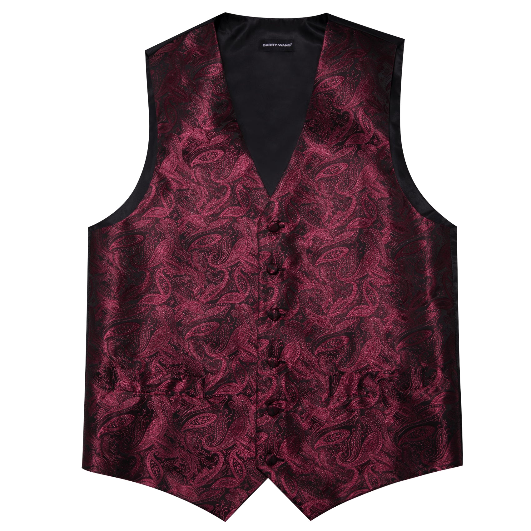 Burgundy Black Paisley Silk Vest Tie Pocket Square Cufflinks Set