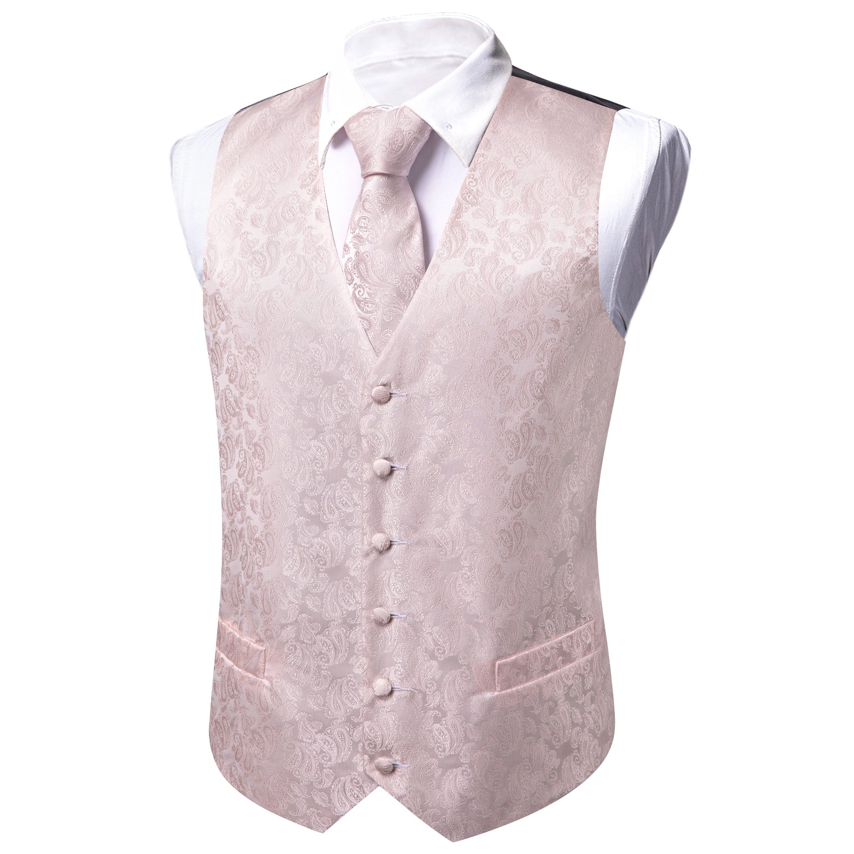Men's Light Pink Silk Paisley Tie Pocket Square Cufflinks Set