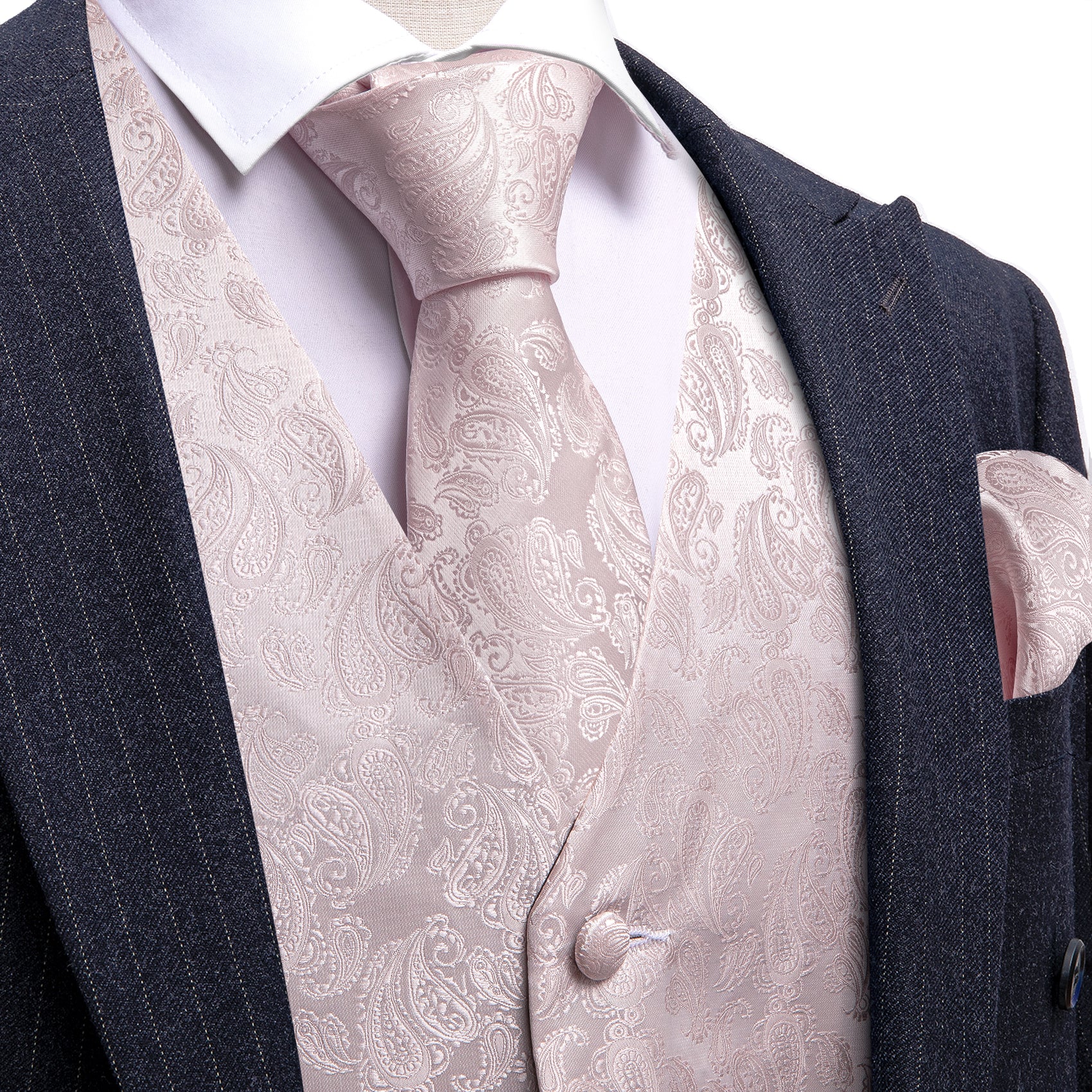 Men's Light Pink Silk Paisley Tie Pocket Square Cufflinks Set