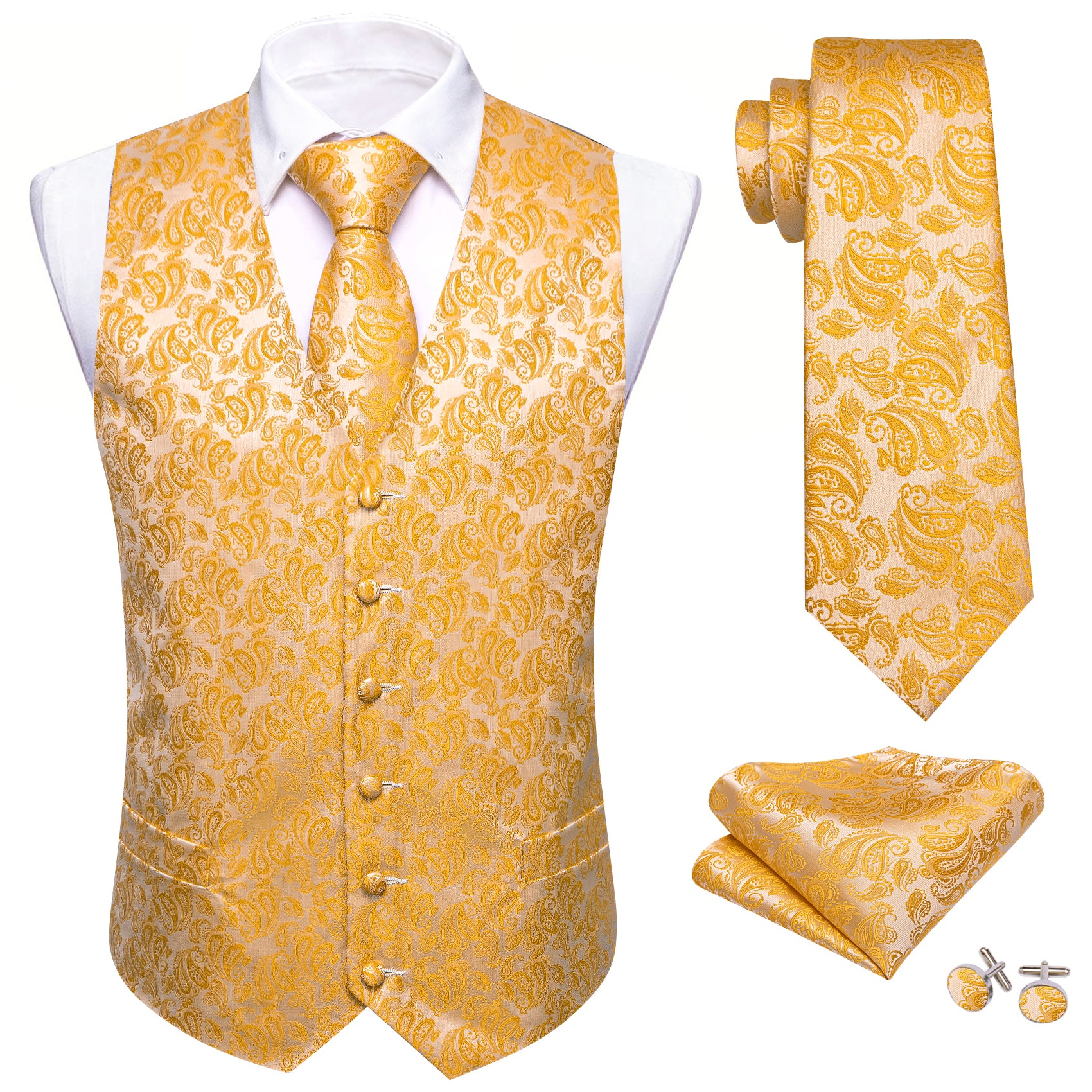 Men's Gold Yellow Paisley Silk Tie Waistcoat Vest Hanky Cufflinks Set