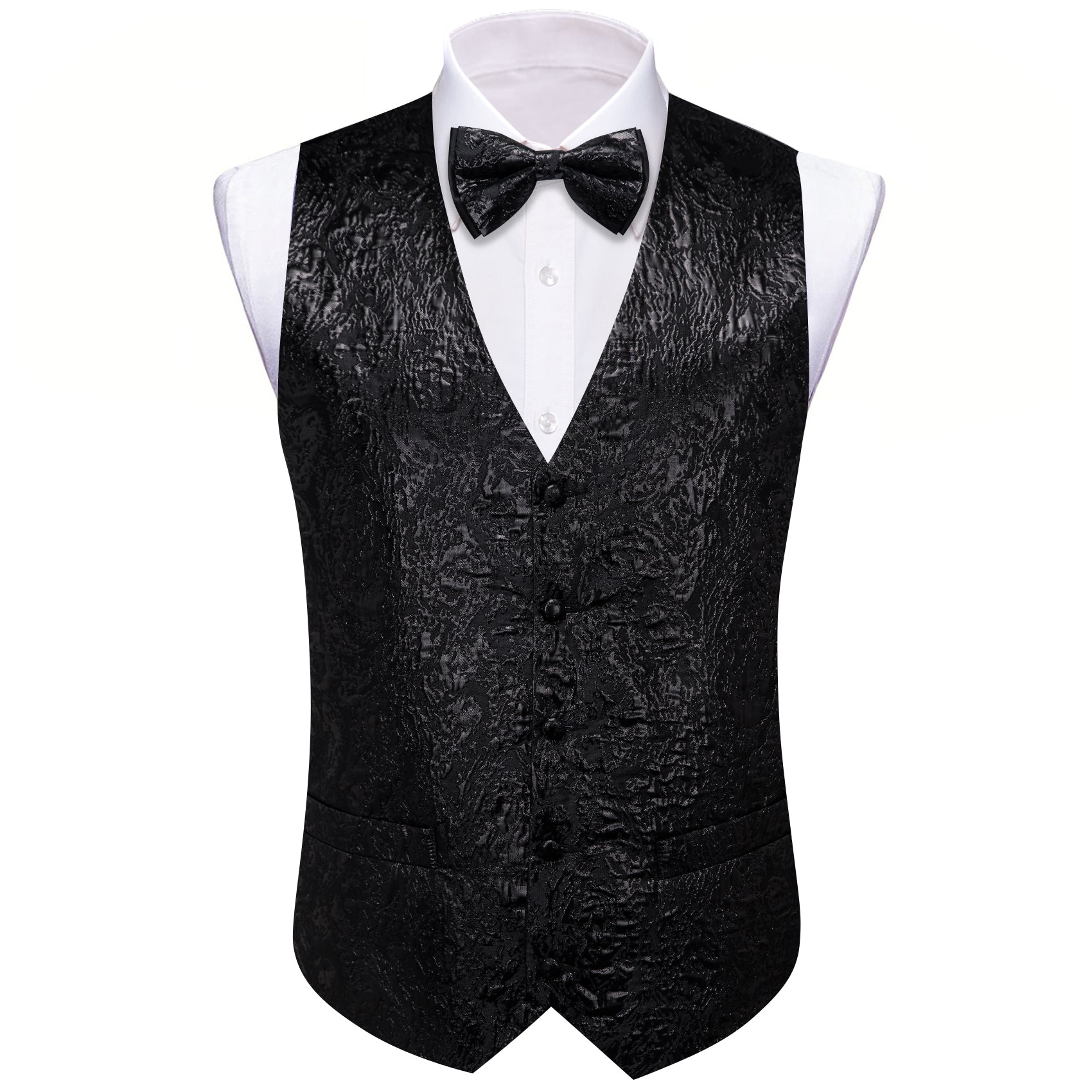 Vintage Men's Black Silk Bow tie Waistcoat Vest Set