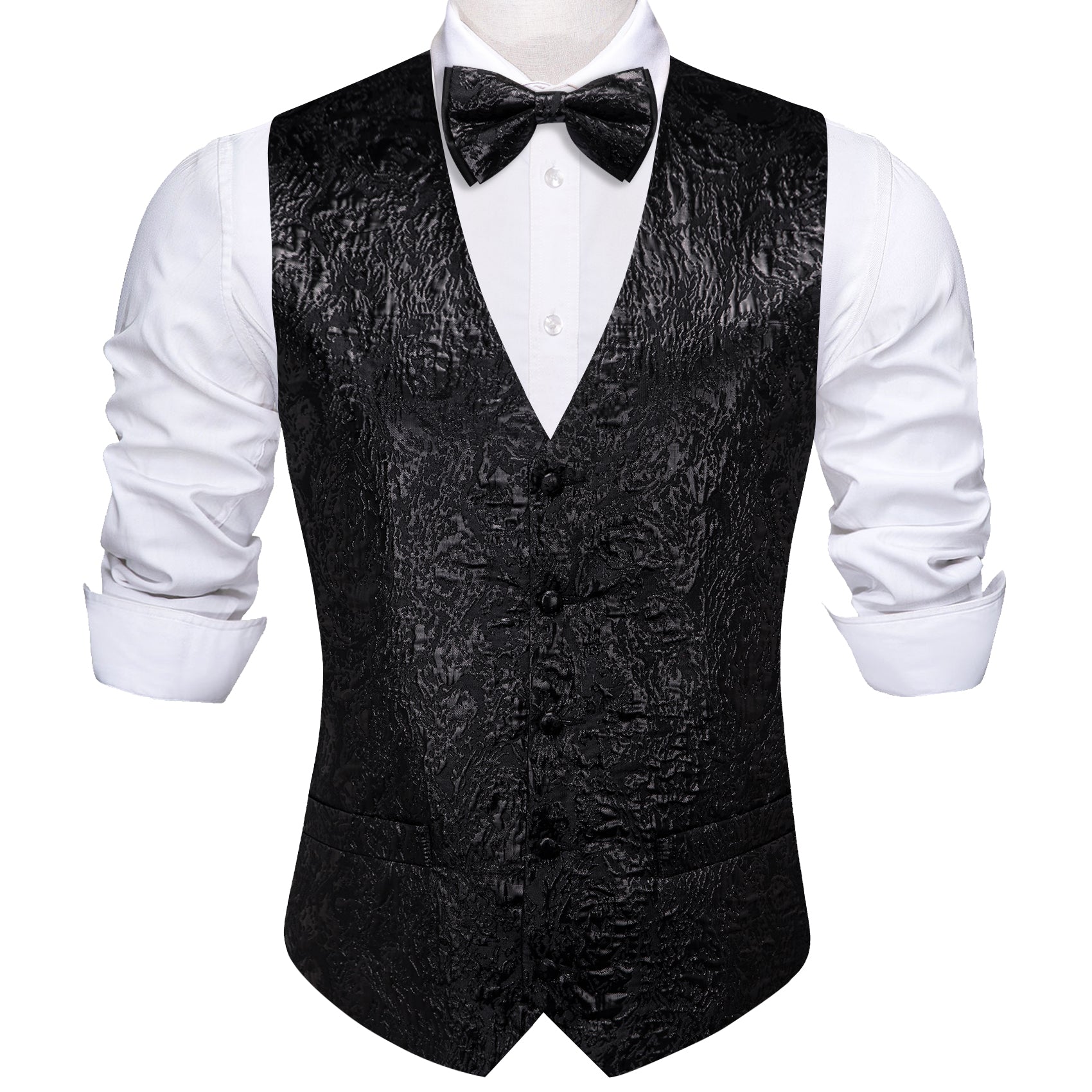 Vintage Men's Black Silk Bow tie Waistcoat Vest Set
