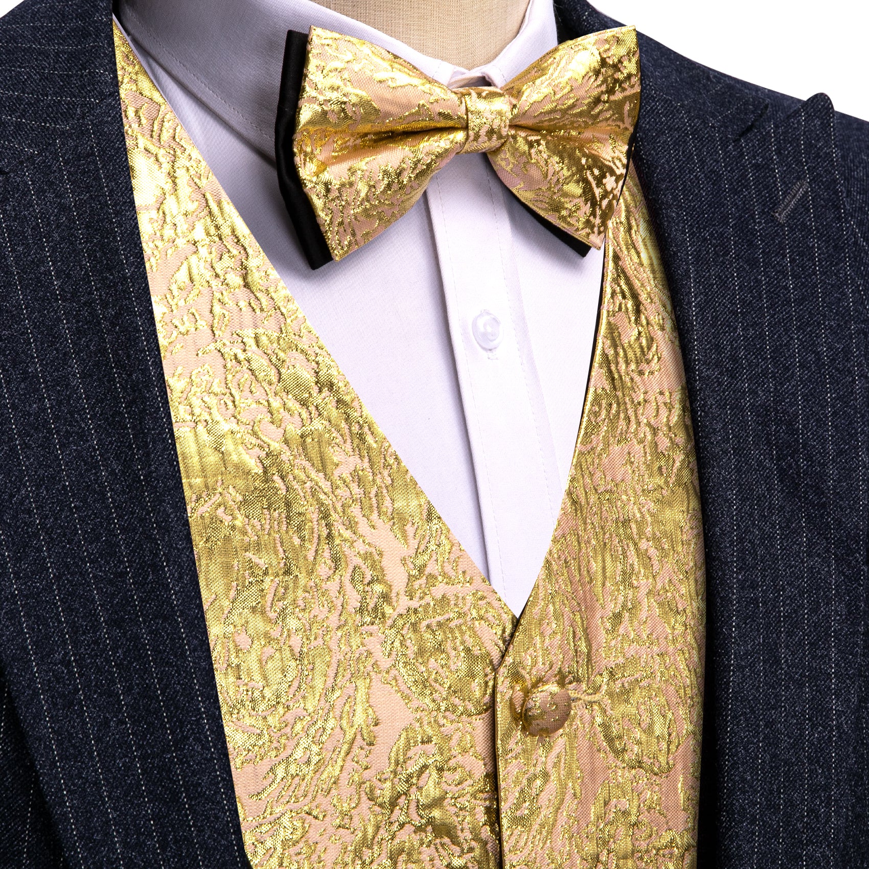 Fashion Men's Gold Silk Bow tie Waistcoat Vest Set
