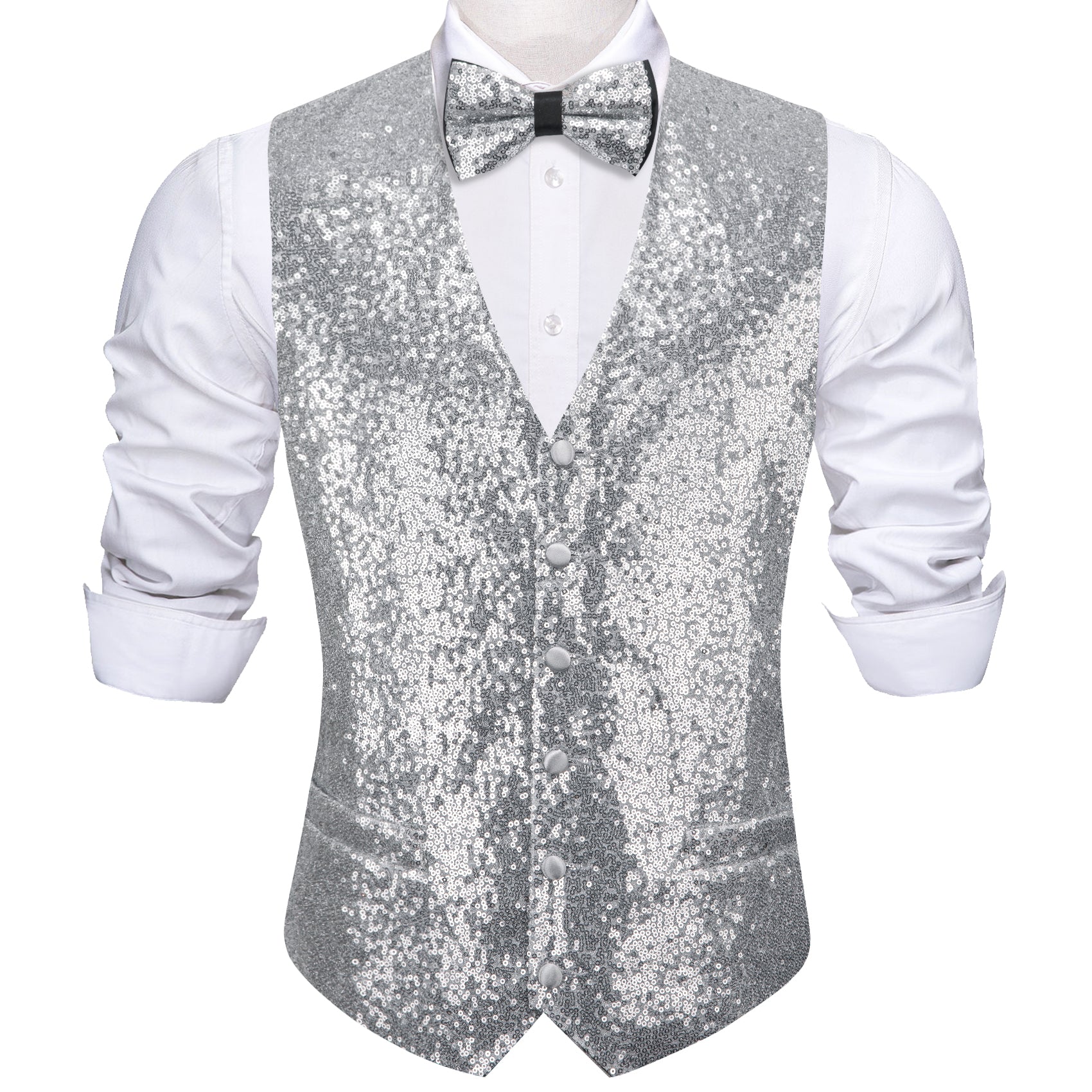 Men's Grey Sequins Silk Bow tie Waistcoat Vest Set