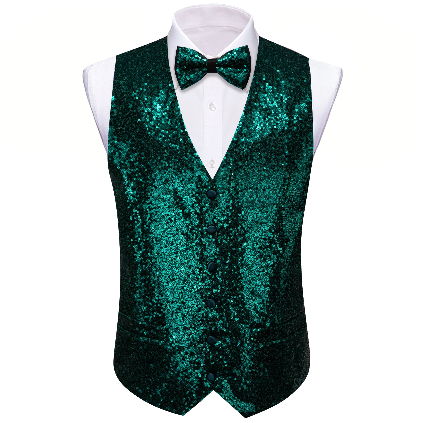 Men's Dark Green Sequins Silk Bow tie Waistcoat Vest Set